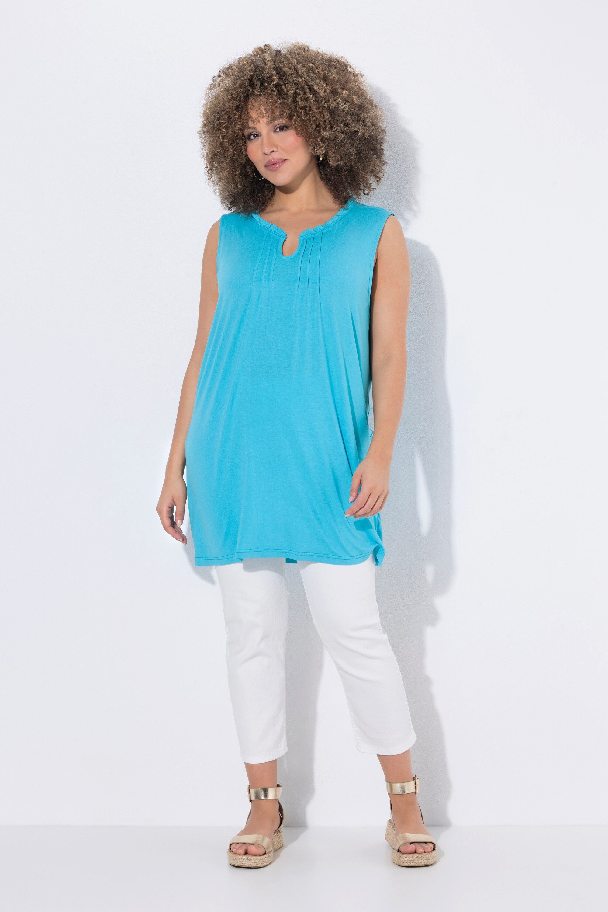 Ulla Popken Longtop Longtop Biesen Stehkragen V-Ausschnitt ärmellos