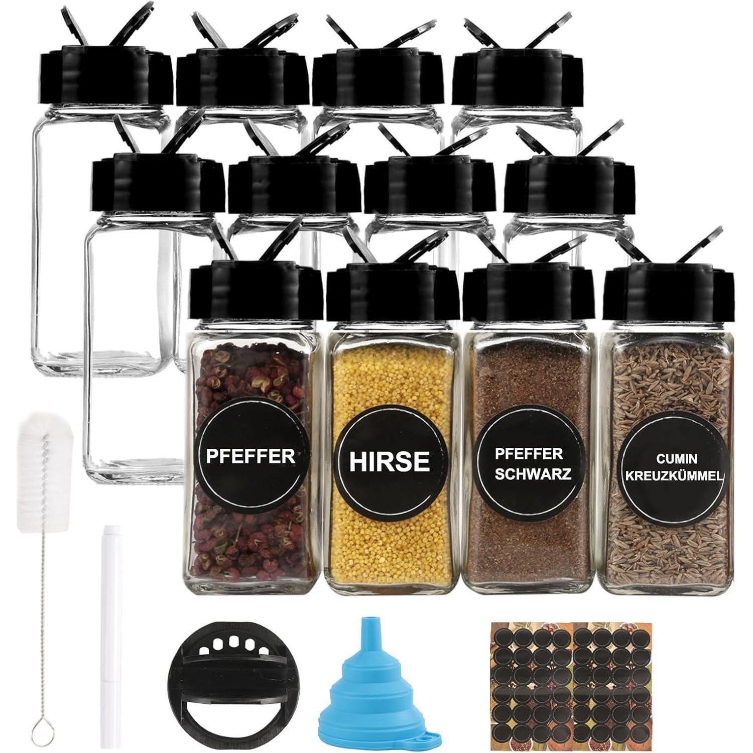 LuxusKollektion Gläser-Set Gewürzgläser Set 12er 120ml Glas Gewürzdosen eckig Schwarz Deckel