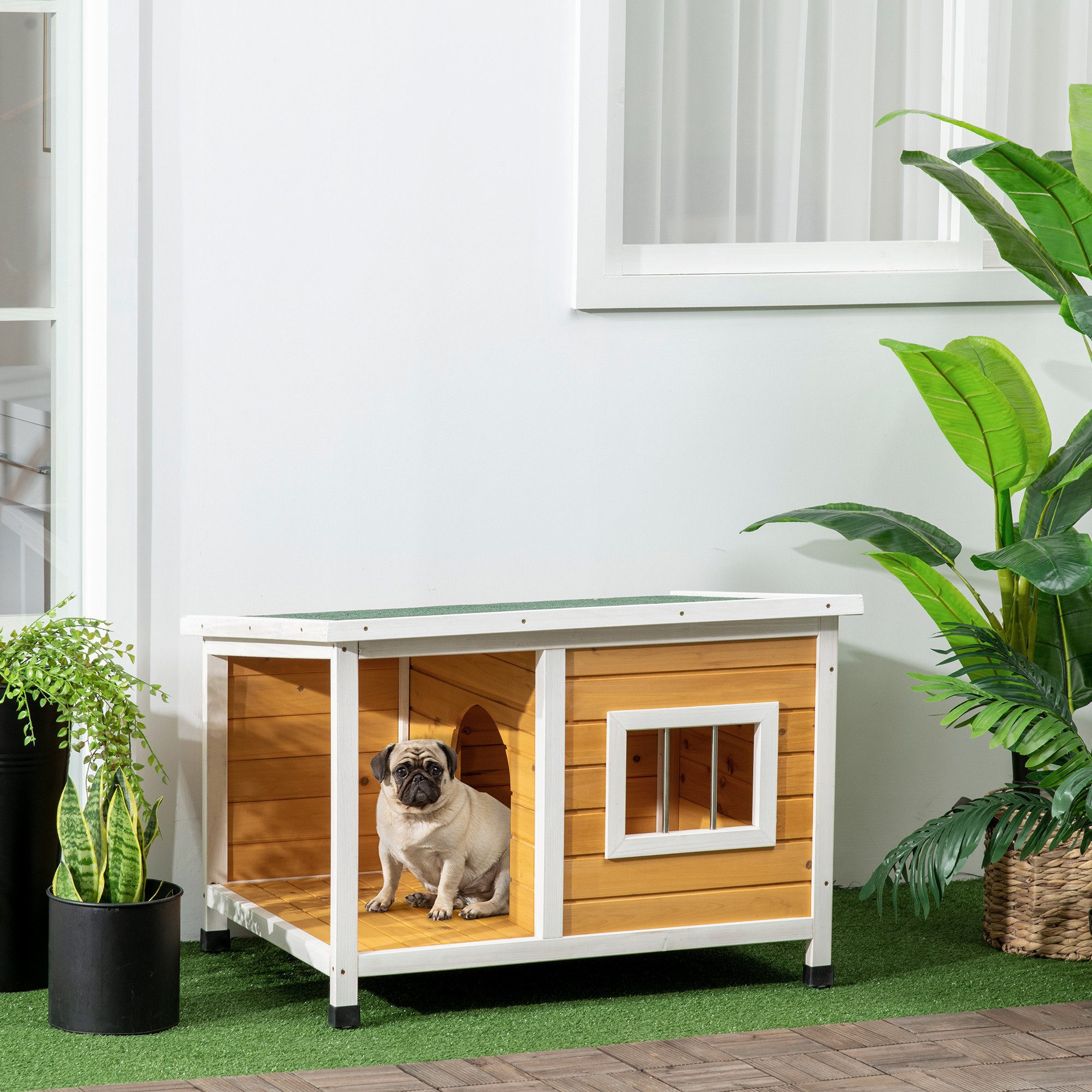 PawHut Hundehütte Outdoor Hundehaus mit aufklappbares Asphaltdach, wetterfest, Orange 85,5 x 62 x 60 cm