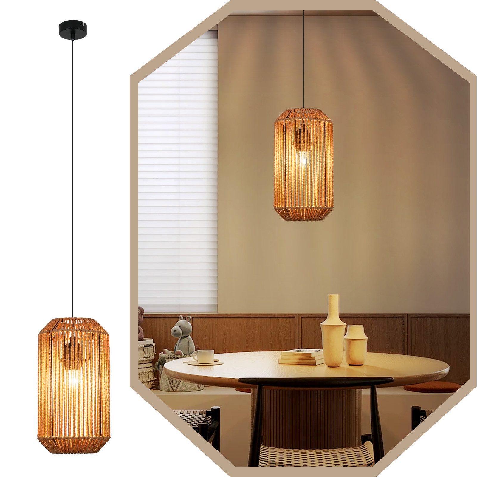 ZMH Pendelleuchte Esszimmer 1 Flammig Vintage Laterne Design Hängeleuchte E27 Flur, Hochwertige Design, ohne Leuchtmittel, Lange Laterne Design Hanfseil Esstischlampe für Schlafzimmer