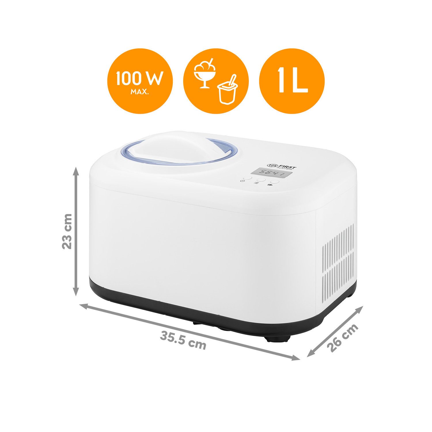 TZS FIRST AUSTRIA Eismaschine 1L, 100W, Kompressor & Kühlhaltefunktion, 60-Min Eis, 8-Std Joghurt, 1 l, 100 W, entnehmbarer 1L Eisbehälter, Eismaschine, inkl. Messbecher, Spatel