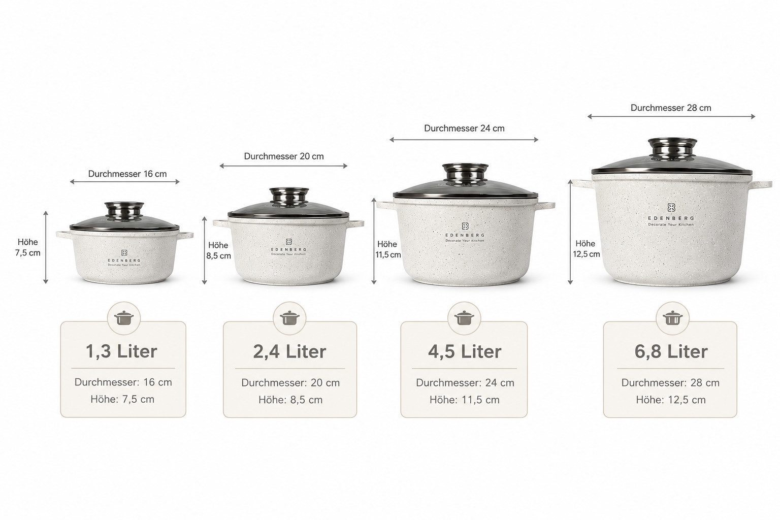 Edenberg Topf-Set Wunderschönes Set beigefarbener Töpfe in 4 verschiedenen Größen, Keramik, Aluminium, Edelstahl, Aluminiumguss (Dank seines eleganten Designs und der praktischen Ausstattung ist dieses Set außerdem eine ideale Geschenkidee für Hochzeiten, Geburtstage, Weihnachten, Einweihungen oder andere besondere Anlässe., 8-tlg)