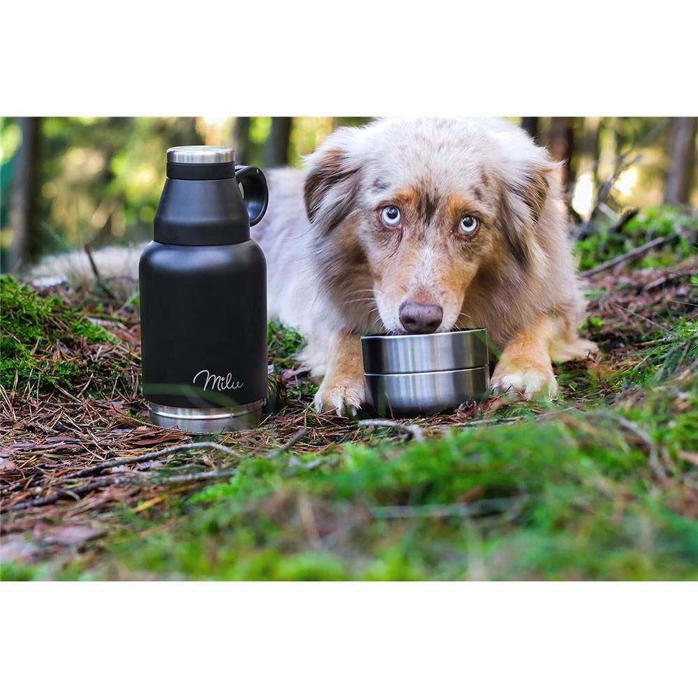 Milu Trinkflasche Hunde Wasserflasche, für Unterwegs, 950ml, mit Futternapf, Edelstahl, schwarz