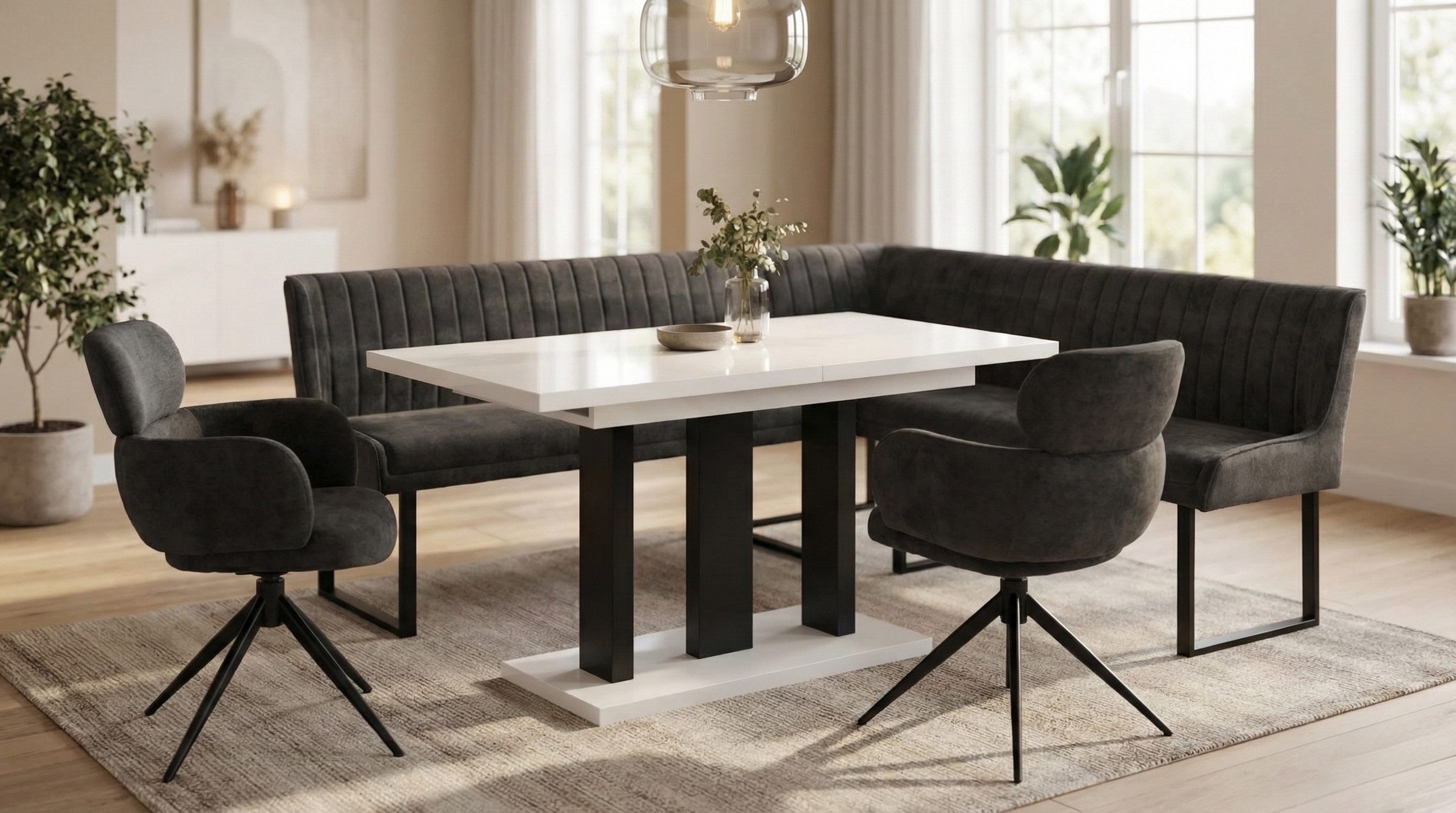 Endo-Moebel Eckbankgruppe Essgruppe mit Esstisch Eckbank & 2 Stühle Farbauswahl Chenille Stoff