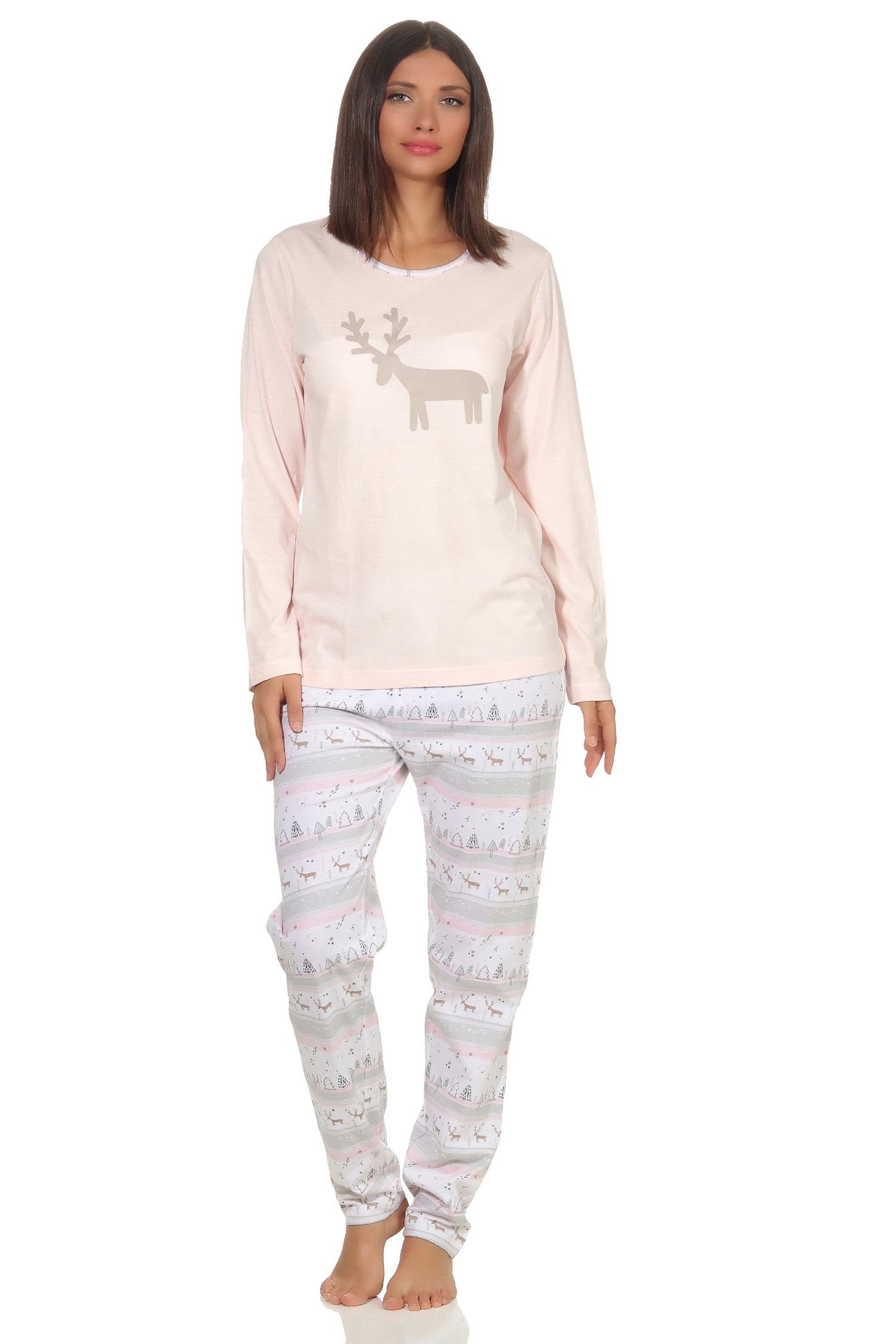 Normann Pyjama Damen Schlafanzug mit Renntiermotiv langarm mit Weihnachtsmotiv rosa