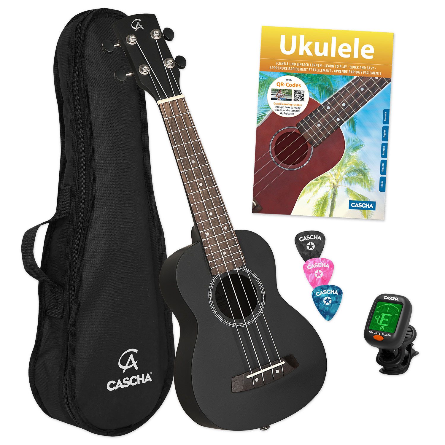 Cascha Ukulele Cascha Ukulele HH-3969 Sopran Ukulele Linde Schwarz Set, Ukulele, 1-St., Ukulele, Sopran Ukulele mit Tasche, Stimmgerät, Buch und 3 Plektren