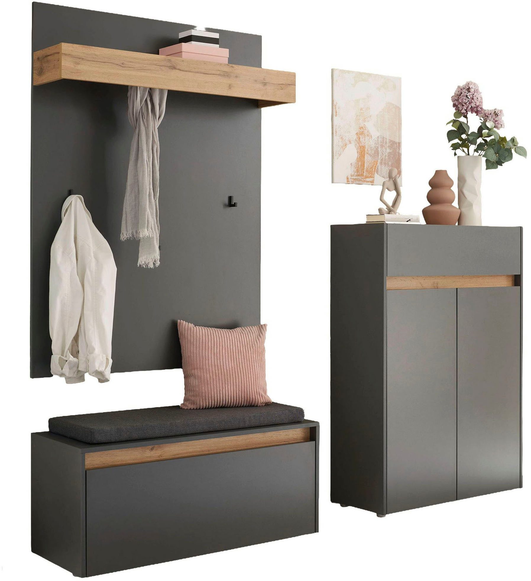 Home affaire Garderoben-Set City/Giron, moderne Garderobe, viel Stauraum, ca. 24 Schuhe, (Set, 3-St), enthält Schuhschrank, Garderobenpaneel & Garderobenbank mit Sitzkissen