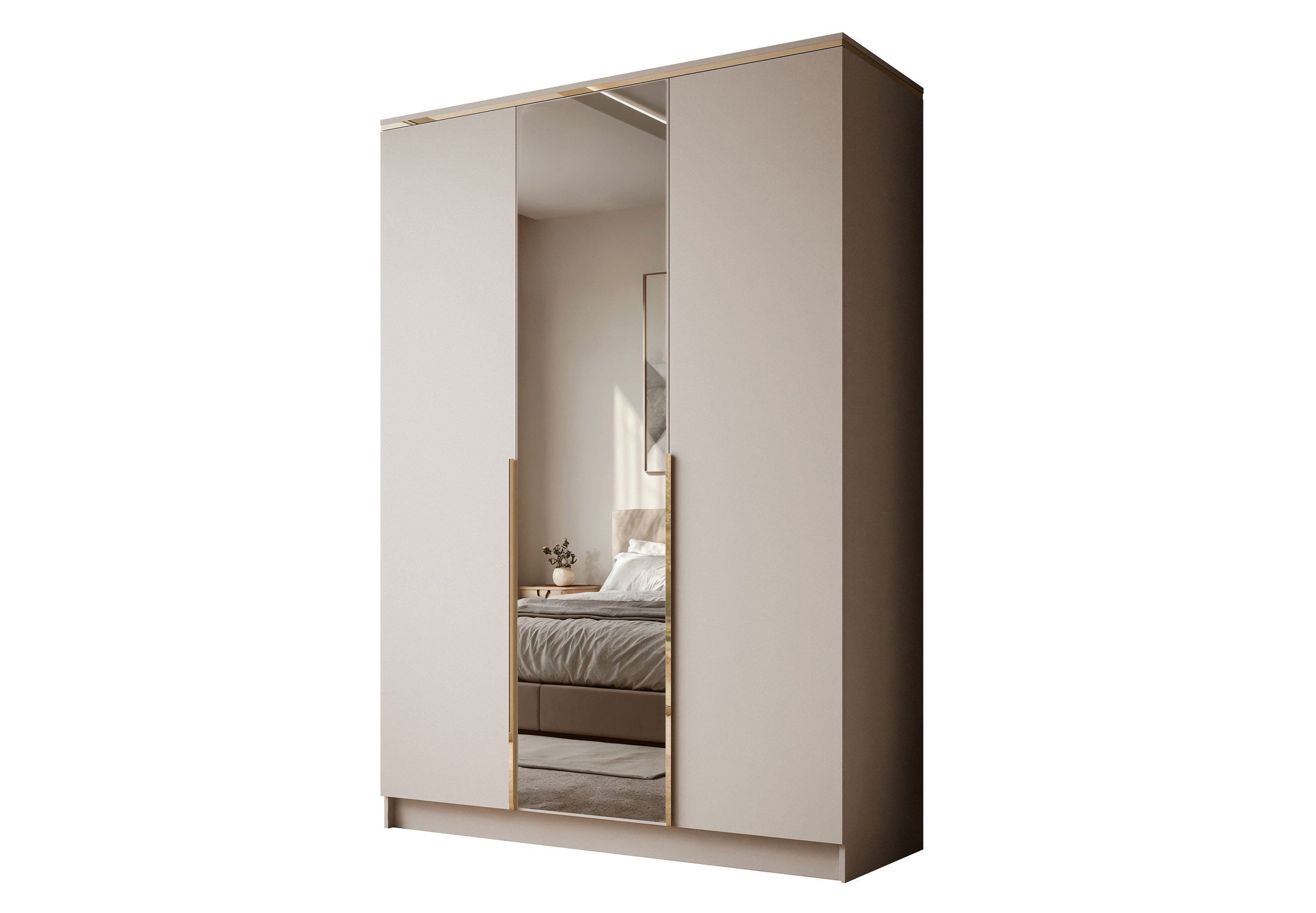 Lookway Kleiderschrank AURORA 3D KASCHMIR mit Spiegel Drehtürenschrank mit 3 Türen (Kleiderschrank mit stilvoller Umrandung in Goldoptik) 150x213x55