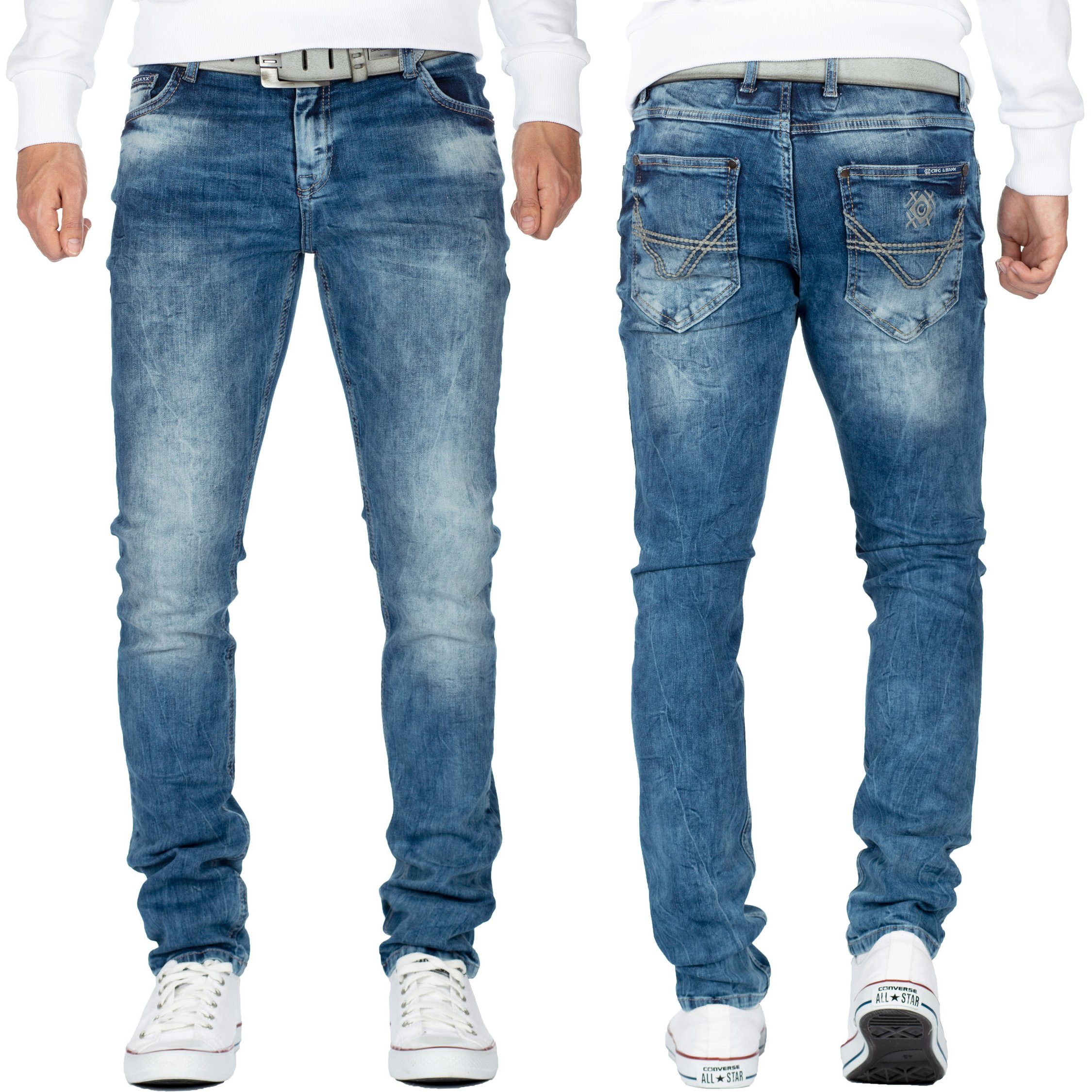Cipo & Baxx Slim-fit-Jeans Herren Slim Fit Hose Stonewashed BA-CD533 Kontrastnaht und verzierte Gesäßtaschen