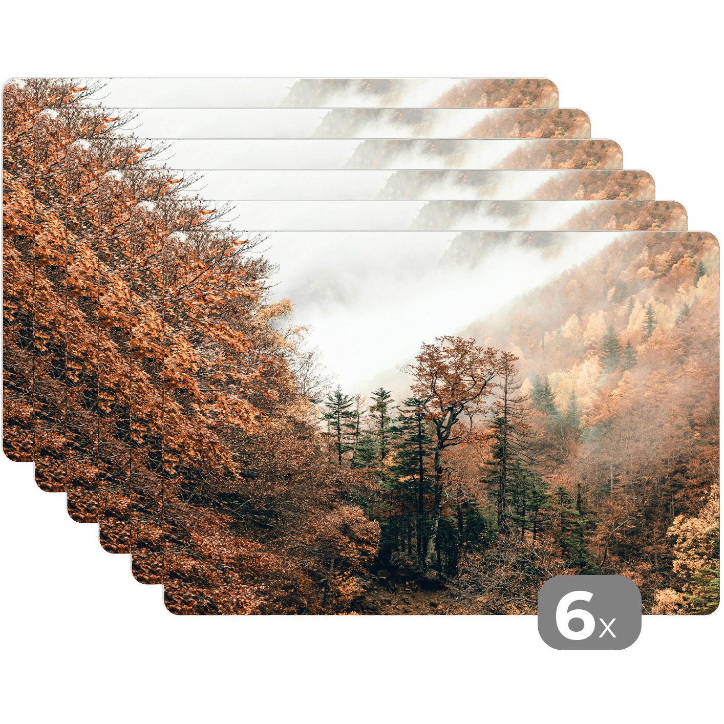Nebel Herbst, Platzdecken, (6-St), Natur - Tischmatten, Wald Platzset, Schmutzabweisend Platzmatte, MuchoWow, - Platzset, -