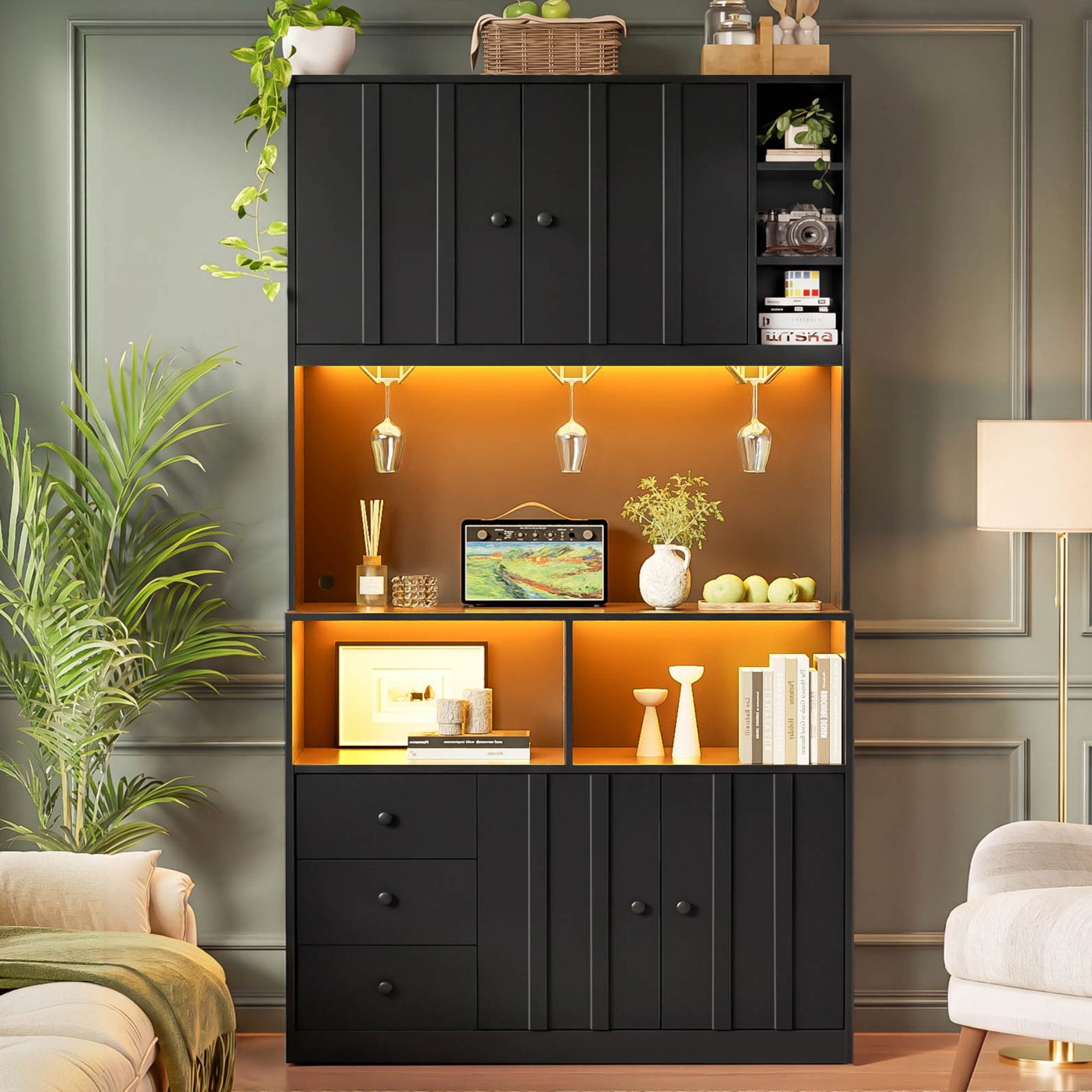 Flieks Küchenbuffet Hochschrank mit LED-Beleuchtung, Steckdose, Gläserhalter Landhausstil (B100/T40/H180 cm, 1-St) Küchenschrank Mehrzweckschrank mit verstellba – Bild 2 von 5