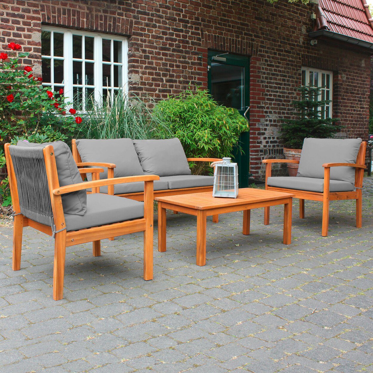 AVANTEX Eckbankgruppe, (4-tlg), Lounge Set 4-teilig, Outdoor  Gartenmöbel-Set Gartensofa 2-Sitzer, 2 Gartensessel, Beistelltisch,  Terrassenmöbel aus Holz inkl. Sitzkissen Akazie