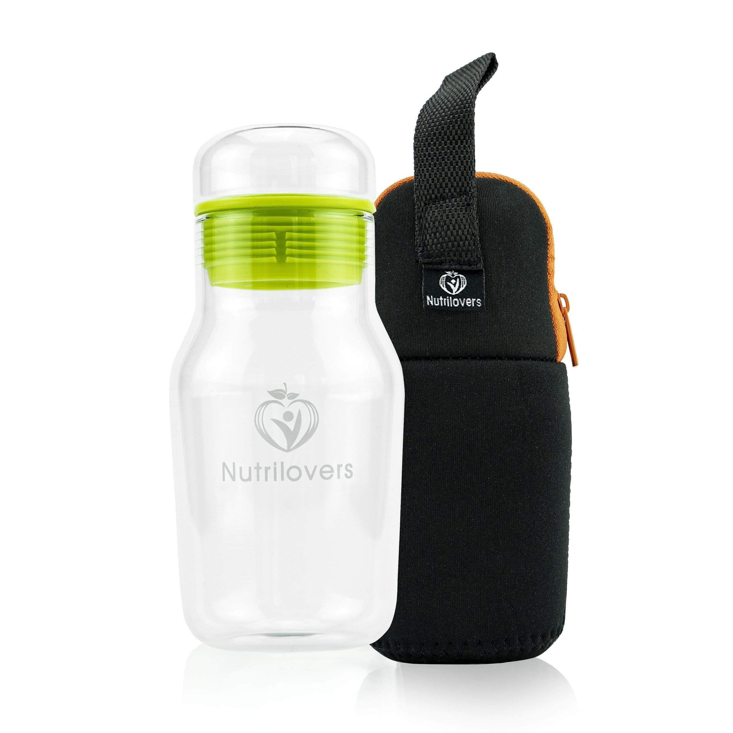Nutrilovers Trinkflasche Glas Trinkflasche - Robust & Sicher - Für Sport & Büro, Borosilikatglas-Trinkflasche mit schützendem Sleeve