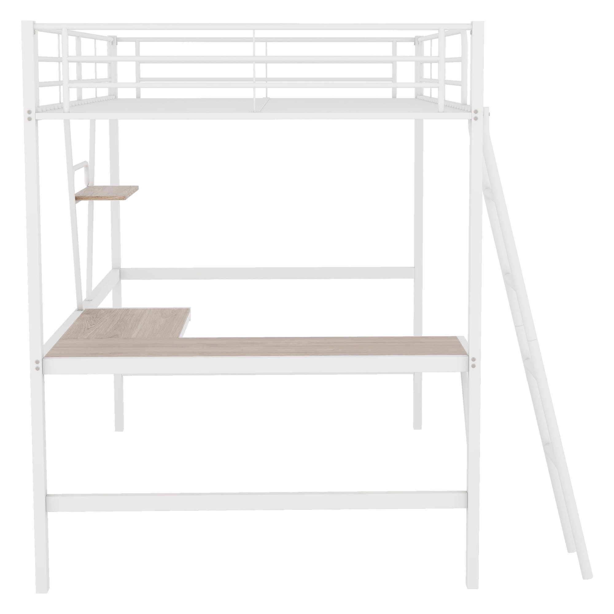 Ulife Loft Bed 90x200 with L-Shaped Desk & Shelf (White, Metal)