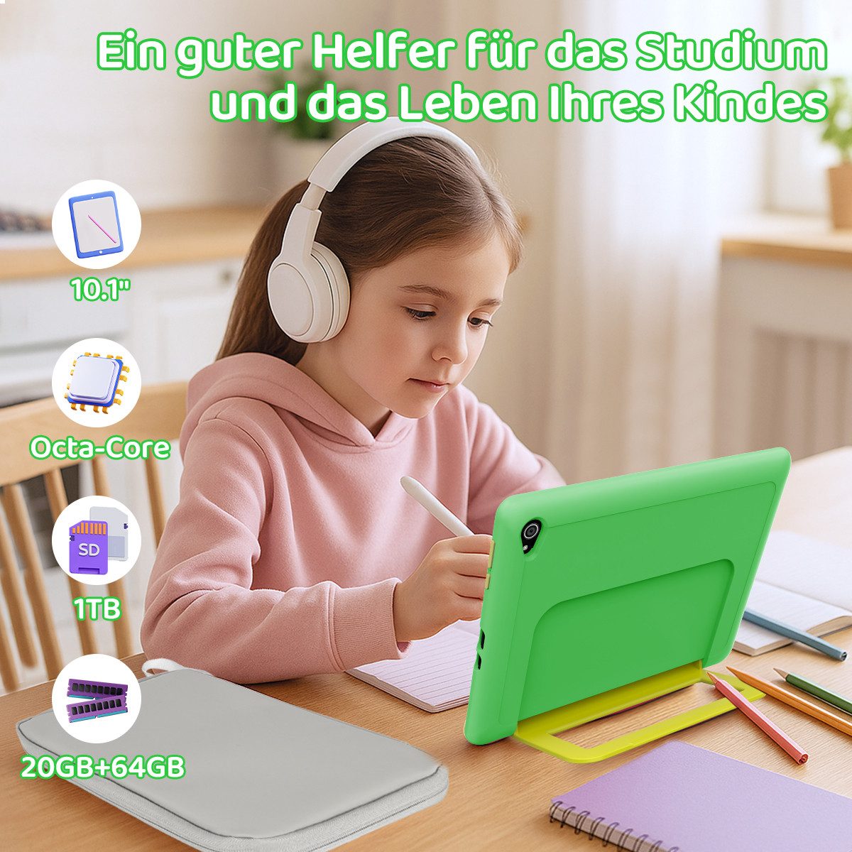 BUFO 10 Zoll 20(3+17)GB RAM+64GB ROM 1280x800 HD-Display Android15 Kinder Tablet (10,1", 64 GB, Android 15, WIFI, Anti-Blaulicht, Vorinstallierte Kinder Lernsoftware, Robustes Design)
