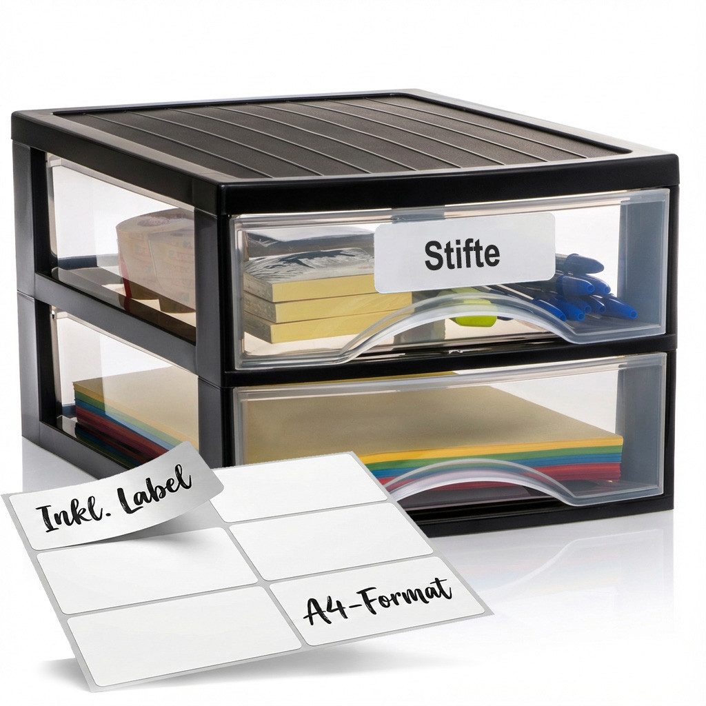Hausfelder Schubladenbox Schubladenschrank A4 mit 2 Schubladen inkl. Aufkleber, (1-St., A4 mit 2 Schubladen), klare Sicht, einfache Organisation, bequemes Öffnen und Schließen