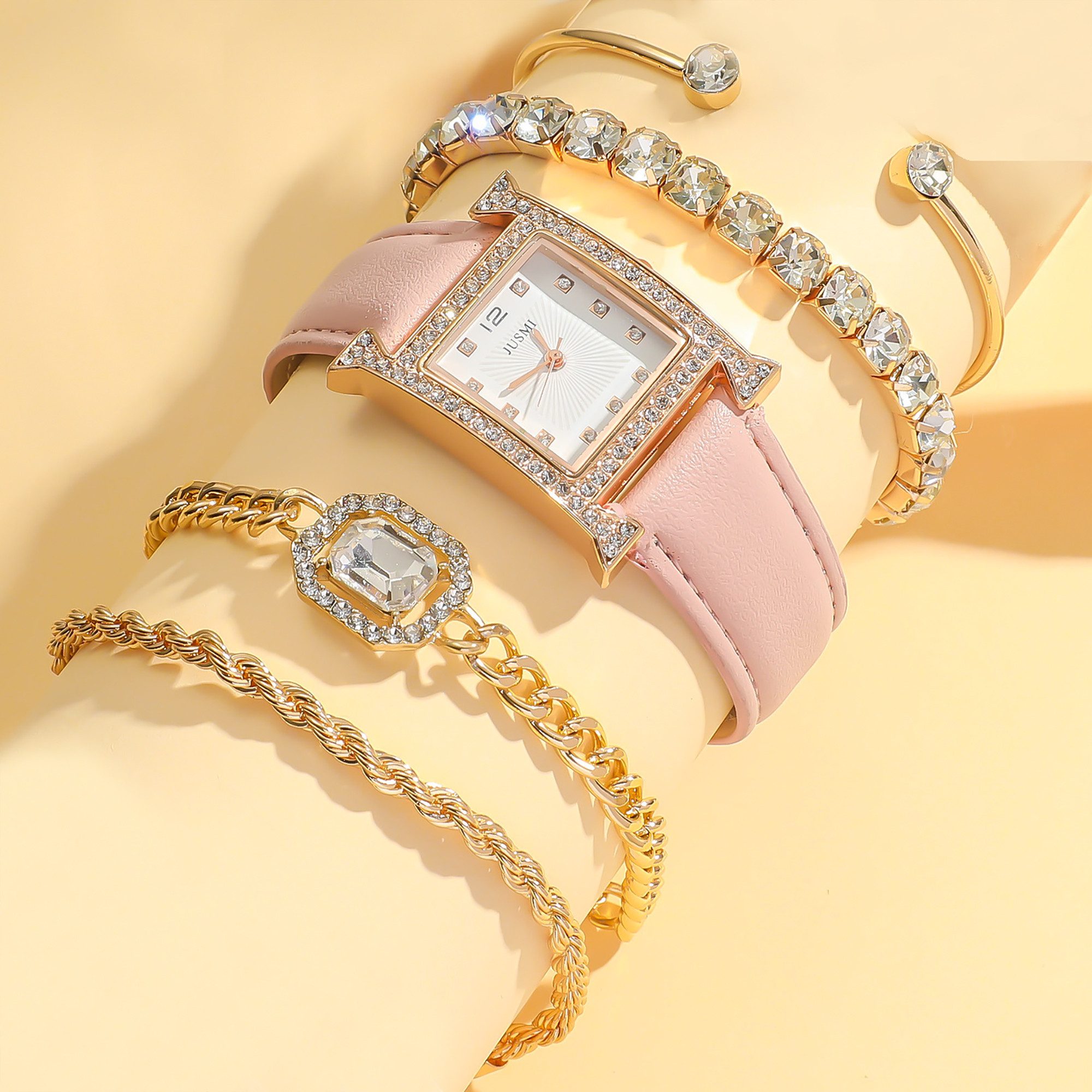 Quarzuhr 5pcs Damen Armbanduhr Luxus Volle Kristall Diamanten