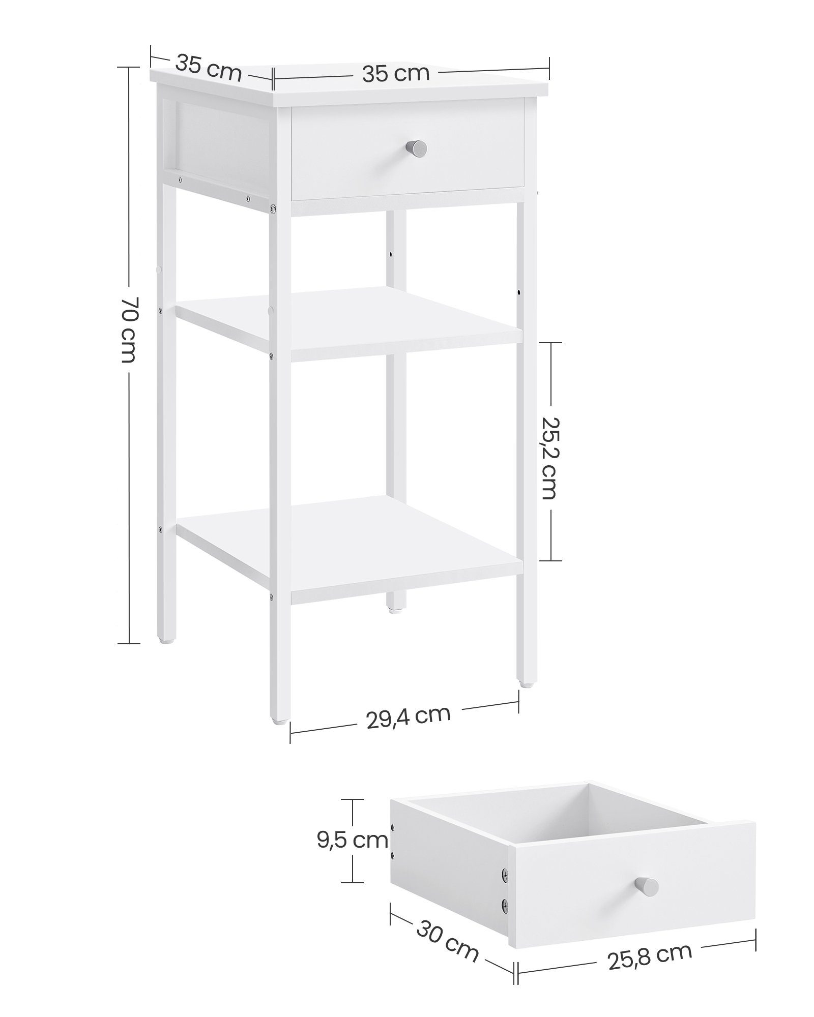 Weiß Höhe cm 2 Ablagen, einer VASAGLE mit und (1-St), 70 Schublade Nachttisch