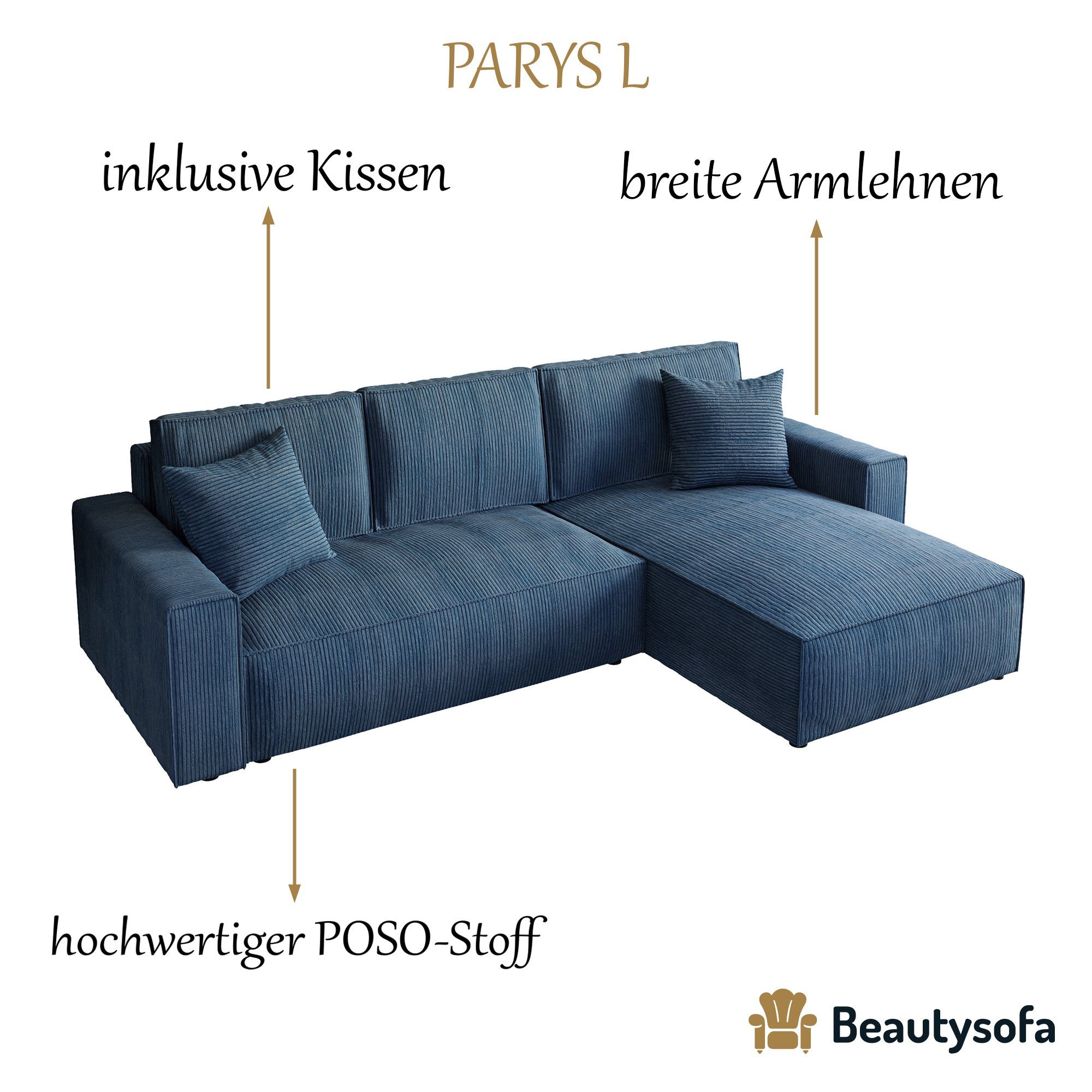 Parys, 290 Cordstoff cm, Bettkasten, mit Ecksofa Ecke, (poso Schlaffuntion, l-förmig mit universelle Eckcoch Beautysofa mane, 05) Marineblau