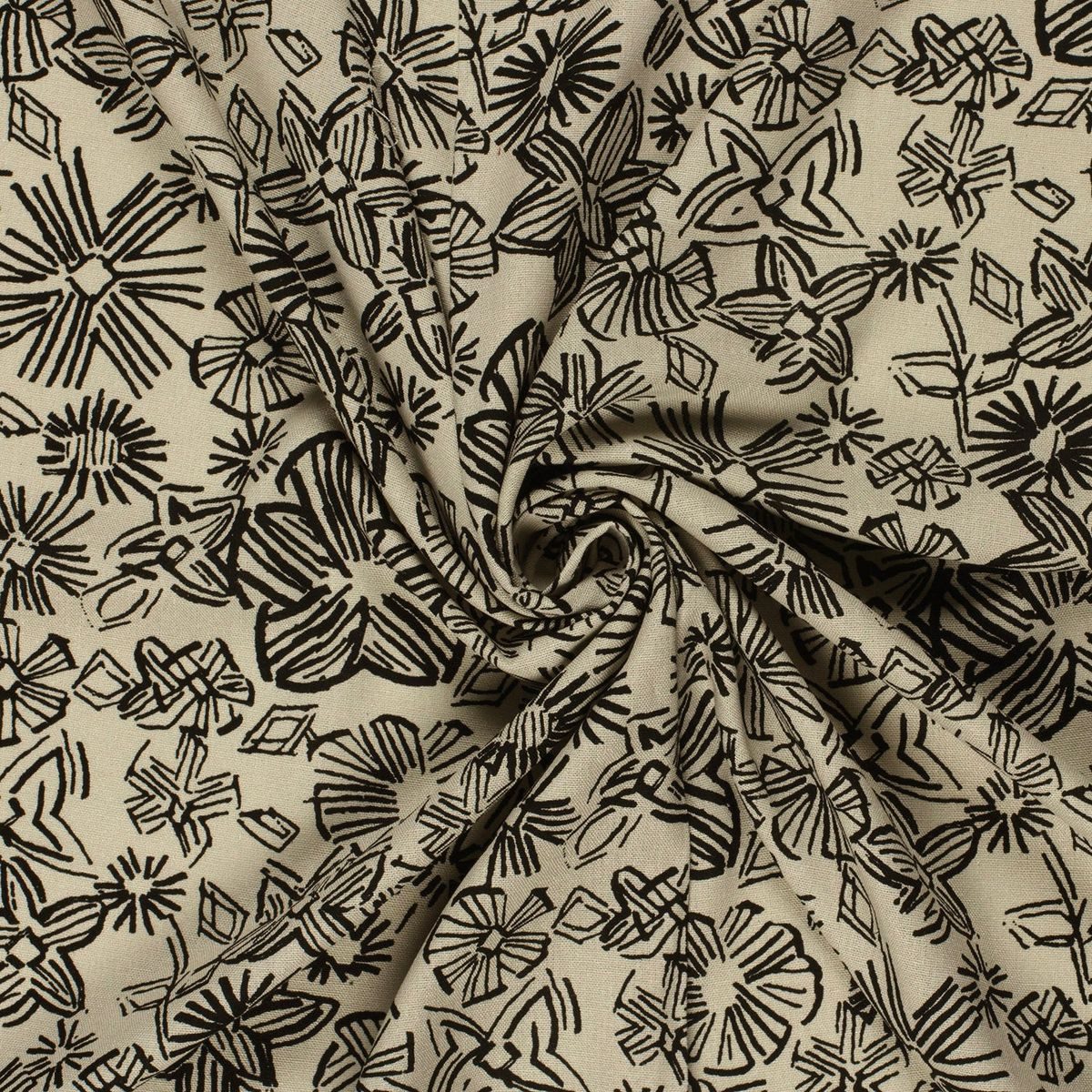 SCHÖNER LEBEN. Stoff Viskosestoff Meterware mit 30% Leinenanteil Blumen natur schwarz 134cm, allergikergeeignet