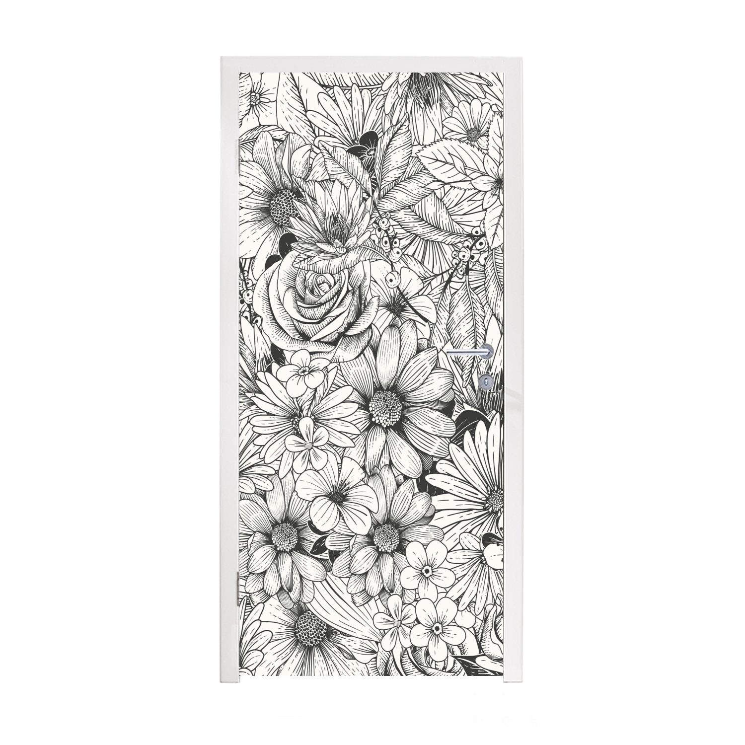 MuchoWow Türtapete Eine schwarz-weiße florale Illustration, Matt, bedruckt, (1 St), Fototapete für Tür, Türaufkleber, 75x205 cm