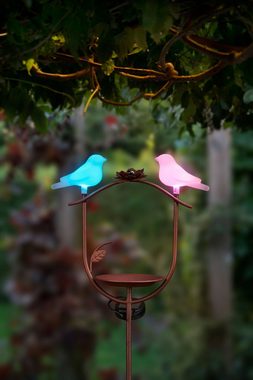 IC Gardenstyle Vogeltränke Solar Vogeltränke mit LED Vogelpaar als Gartenstecker, stehend, aus Metall, Vogel-Figur mit bunter LED Beleuchtung, kabellos, solarbetrieben, Farbwechsel, Solarstecker