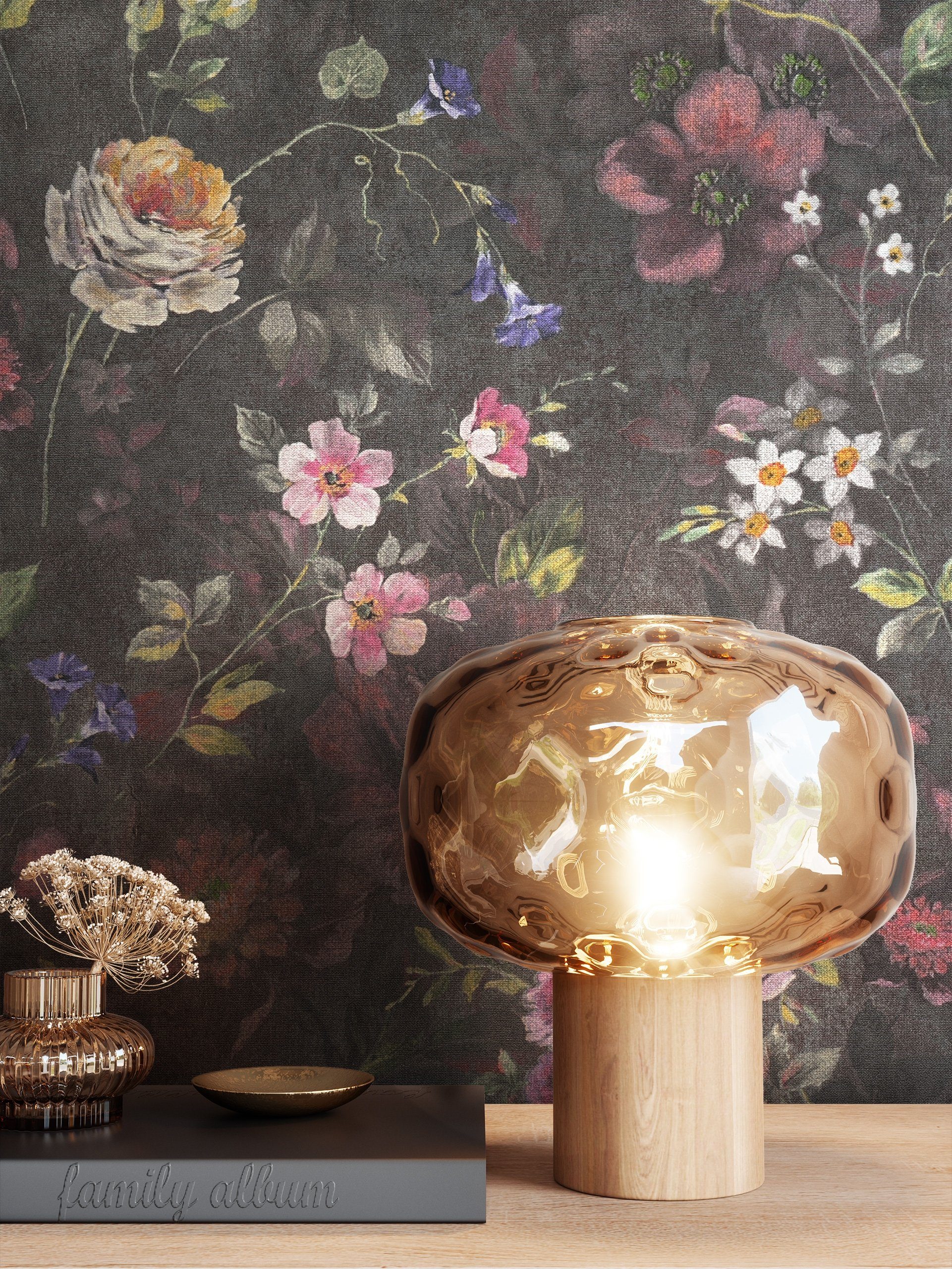 Newroom Vliestapete, Schwarz Tapete Floral Blumen - Blumentapete Rosa Rot R günstig online kaufen