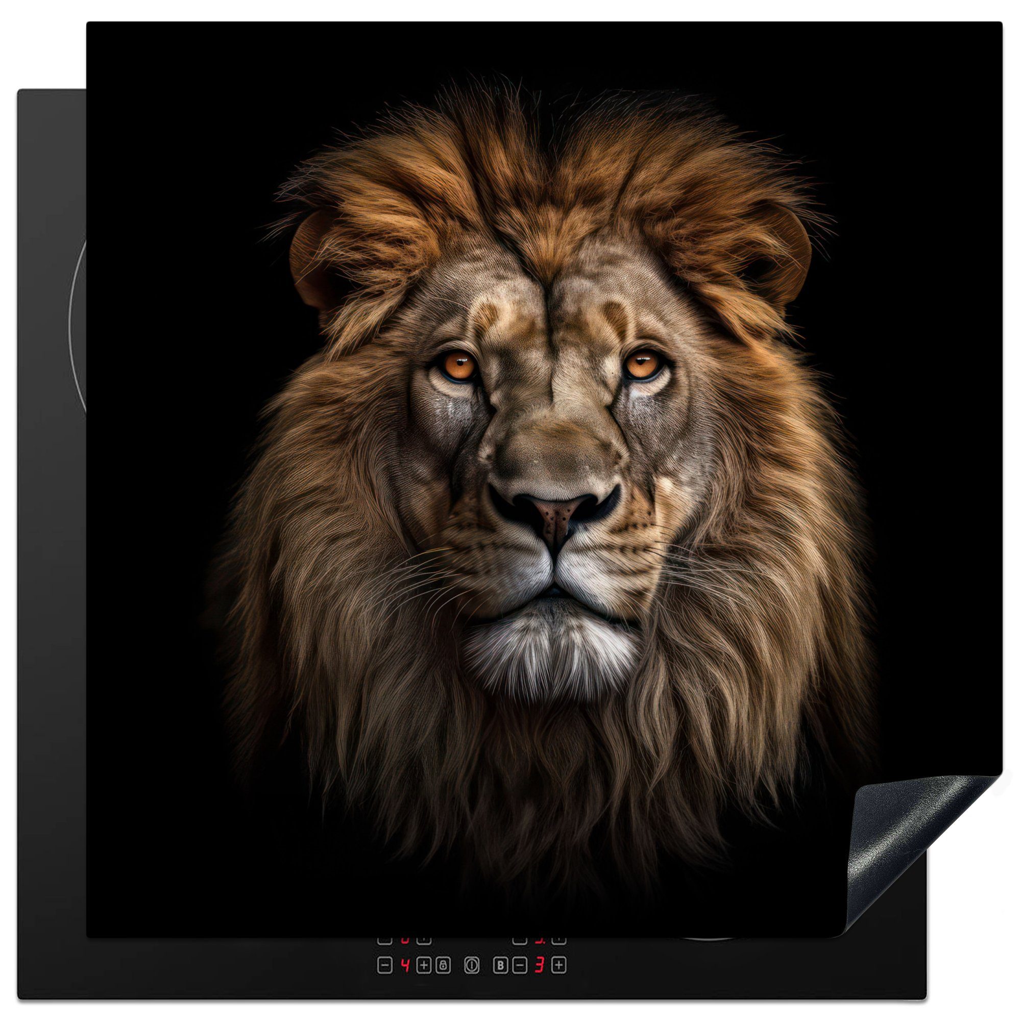 MuchoWow Herd-Abdeckplatte Löwe - Porträt - Tiere - Schwarz, Vinyl, (1 tlg), Cerankochfeld Abdeckung, Herd Abdeckplatten Vinyl, 58x59 cm