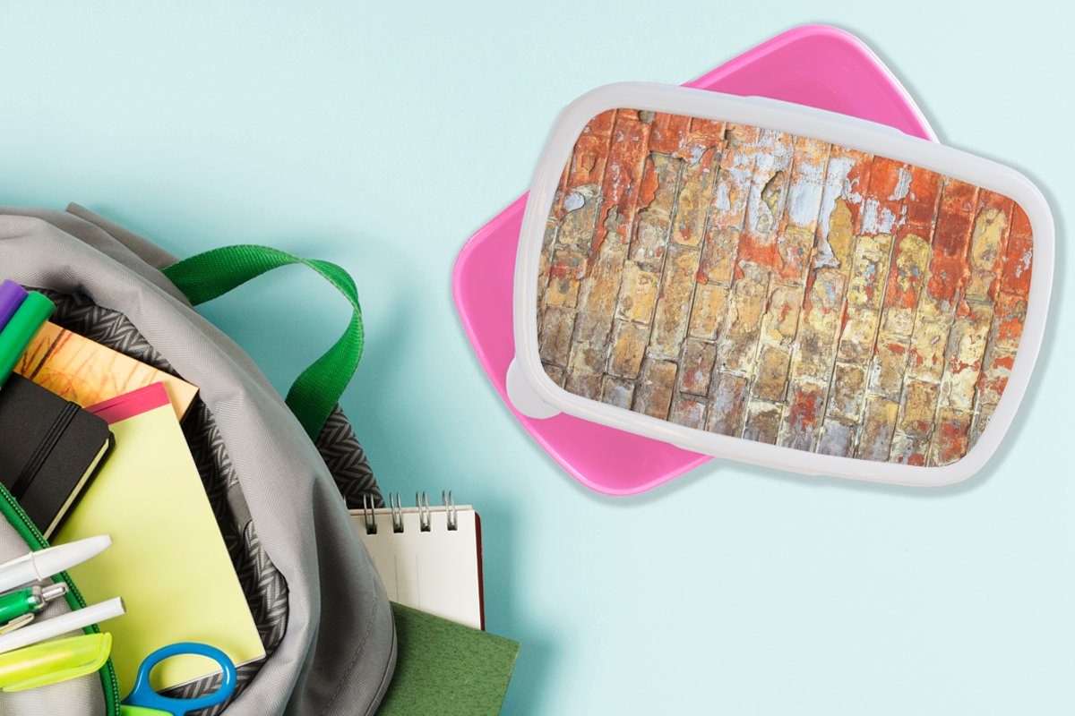 - Farbe Kunststoff Erwachsene, für Mädchen, Lunchbox - Brotdose Snackbox, (2-tlg), Backstein, Kunststoff, MuchoWow Wand Brotbox rosa Kinder,