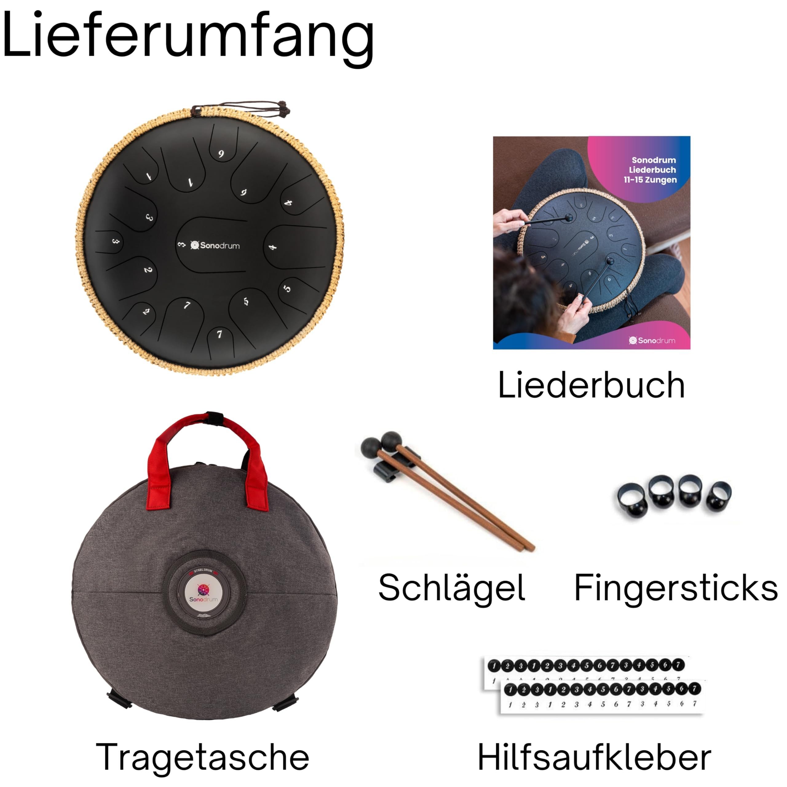 Sonodrum Steel Tongue Drum - Zungentrommel "Premium" C - Dur - 35 cm groß mit 15 Tönen,Steel Tongue Drum inkl. Liederbuch, Schlägel, Fingersticks und Tragetasche, Notenlesen nicht nötig, einfach zu spielen