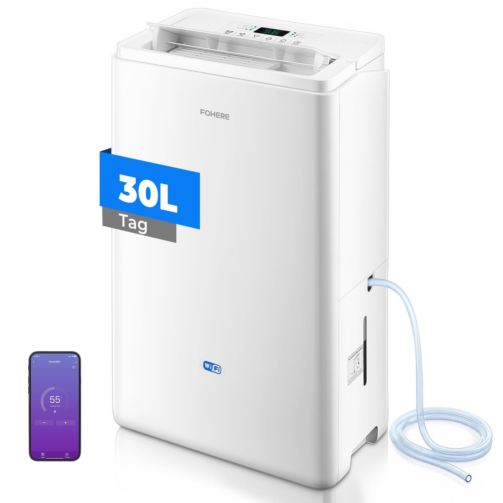 FOHERE Luftentfeuchter 30L/24h mit WLAN-App, Raumentfeuchter bis 50 m²/135 m³ für Keller, für 135 m³ Räume