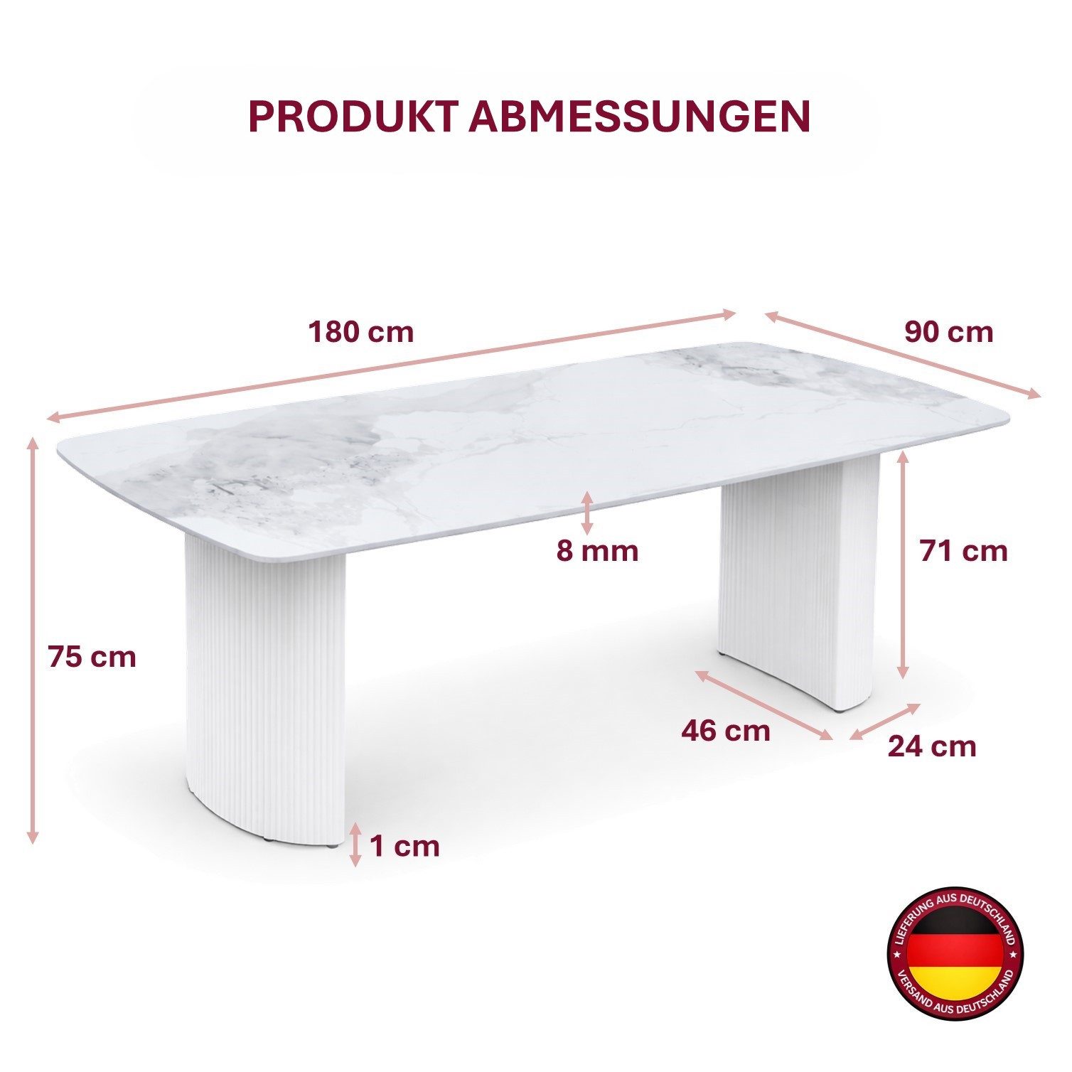 HOOZ Wohnzimmertisch Esstisch Set 180x90 cm Weiß – moderner Küchentisch, Keramik 8 Personen (Einzelprodukt, 1× Esstisch), Keramik-Tischplatte, Travertin-Optik ( – Bild 4 von 5