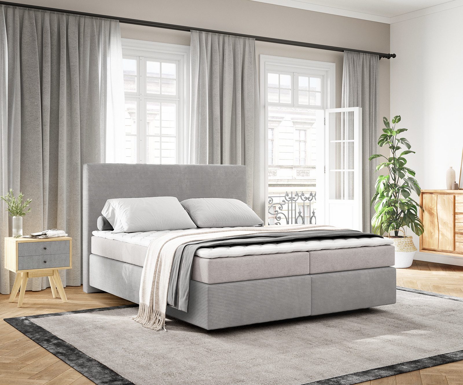 DELIFE Boxspringbett Dream-Well, Cord Silbergrau 160x200 cm mit Matratze und Topper