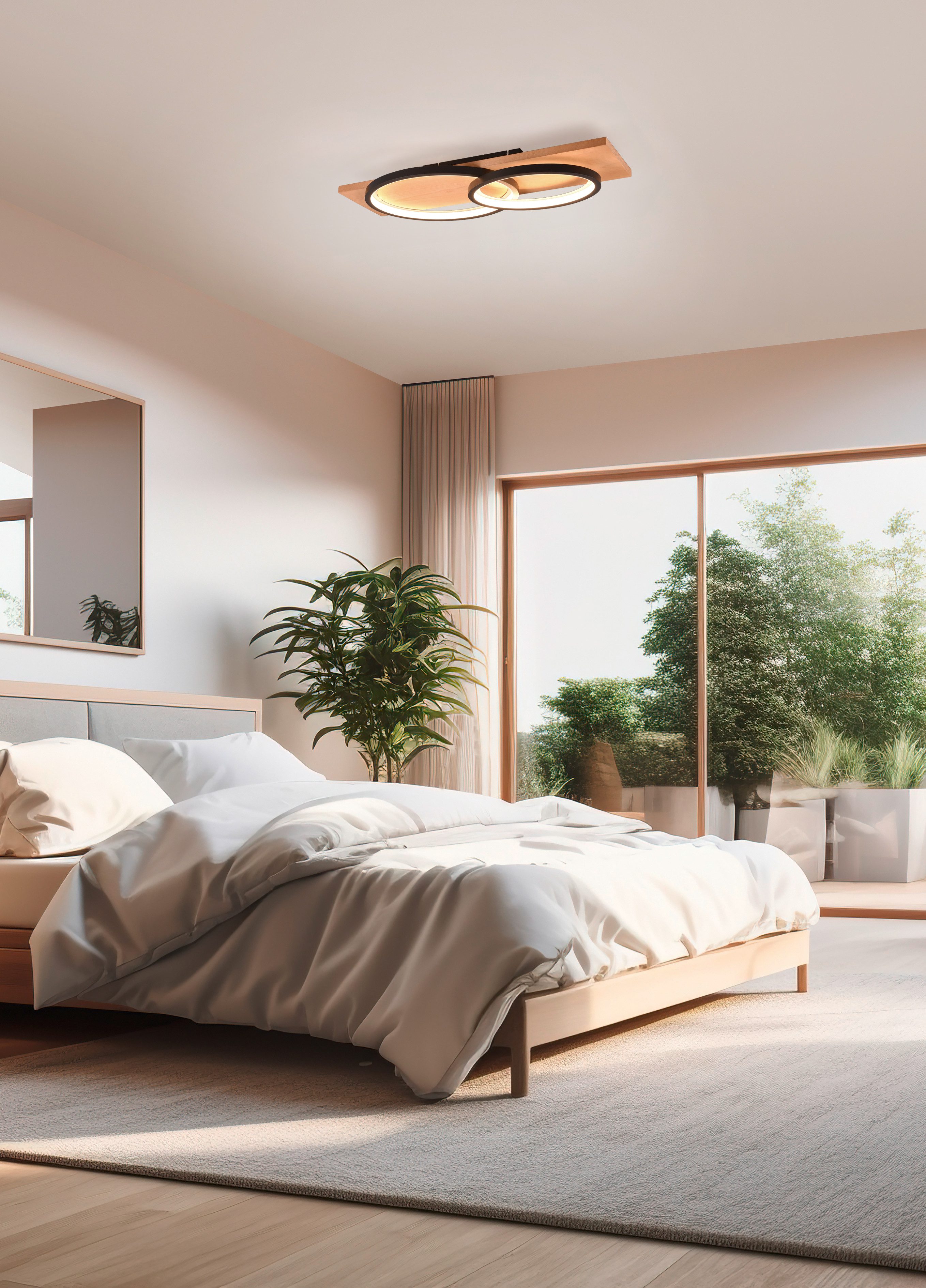 TRIO Leuchten LED Deckenleuchte BARCA, dimmbare Deckenlampe aus Holz & Metall mit indirektem Licht, Dimmfunktion, mehrere Helligkeitsstufen, LED fest integriert, Warmweiß, LED warmweiß & 3500 Lumen, für Wand- und Deckenmontage, 3 Dimmstufen