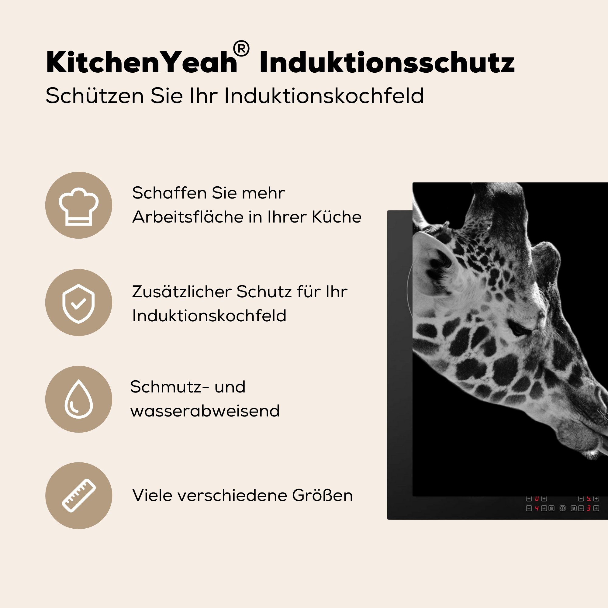 MuchoWow Herdblende-/Abdeckplatte Tiere - 81x52 Ceranfeldabdeckung, (1 cm, Vinyl, - tlg), Arbeitsplatte - für - Porträt, Weiß küche Schwarz Giraffe