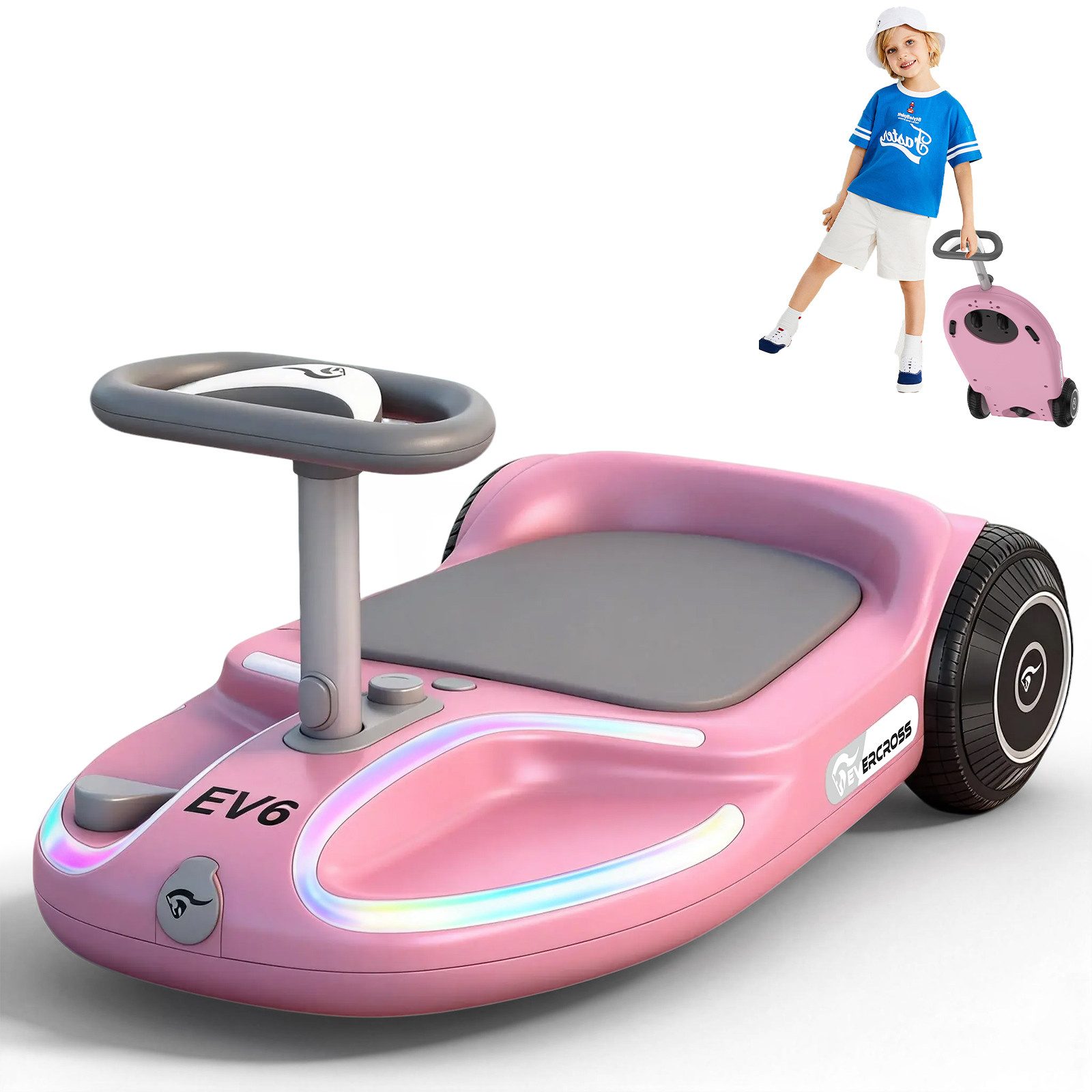 EVERCROSS TECH Elektro-Kinderauto EV6 Elektrisches Rutschauto mit 360°-Drehung & Bluetooth-Musik, 3-Gang-Modi, 25,2V Akku, Maximal 9 km/h,100+ Lichtmoden