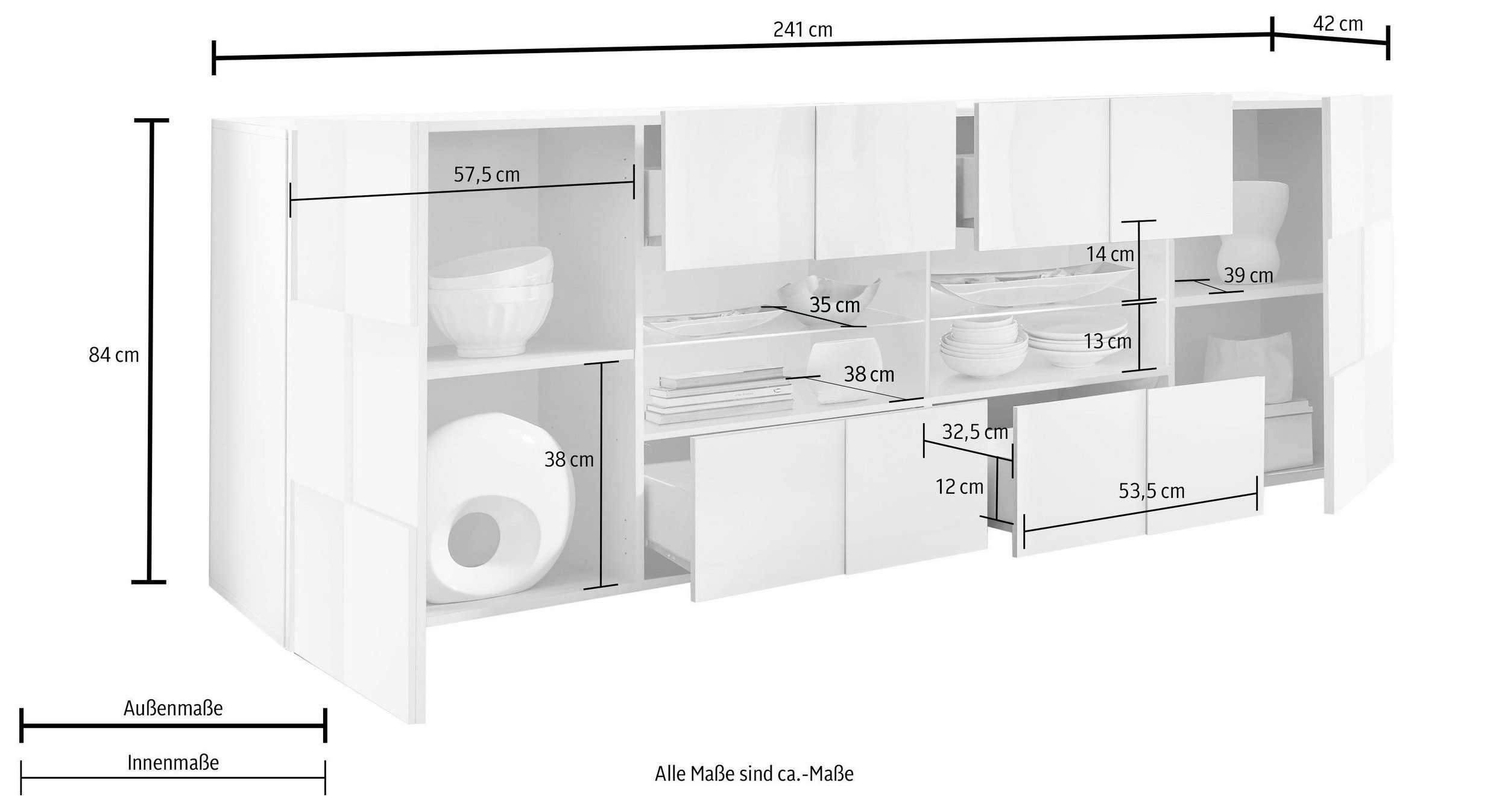 Home affaire Sideboard Dama Breite 241, Kommode 2 Türen u. 4 Schubkästen, Anrichte, Front in 3D-Optik, viel Stauraum, verschiedene Farben