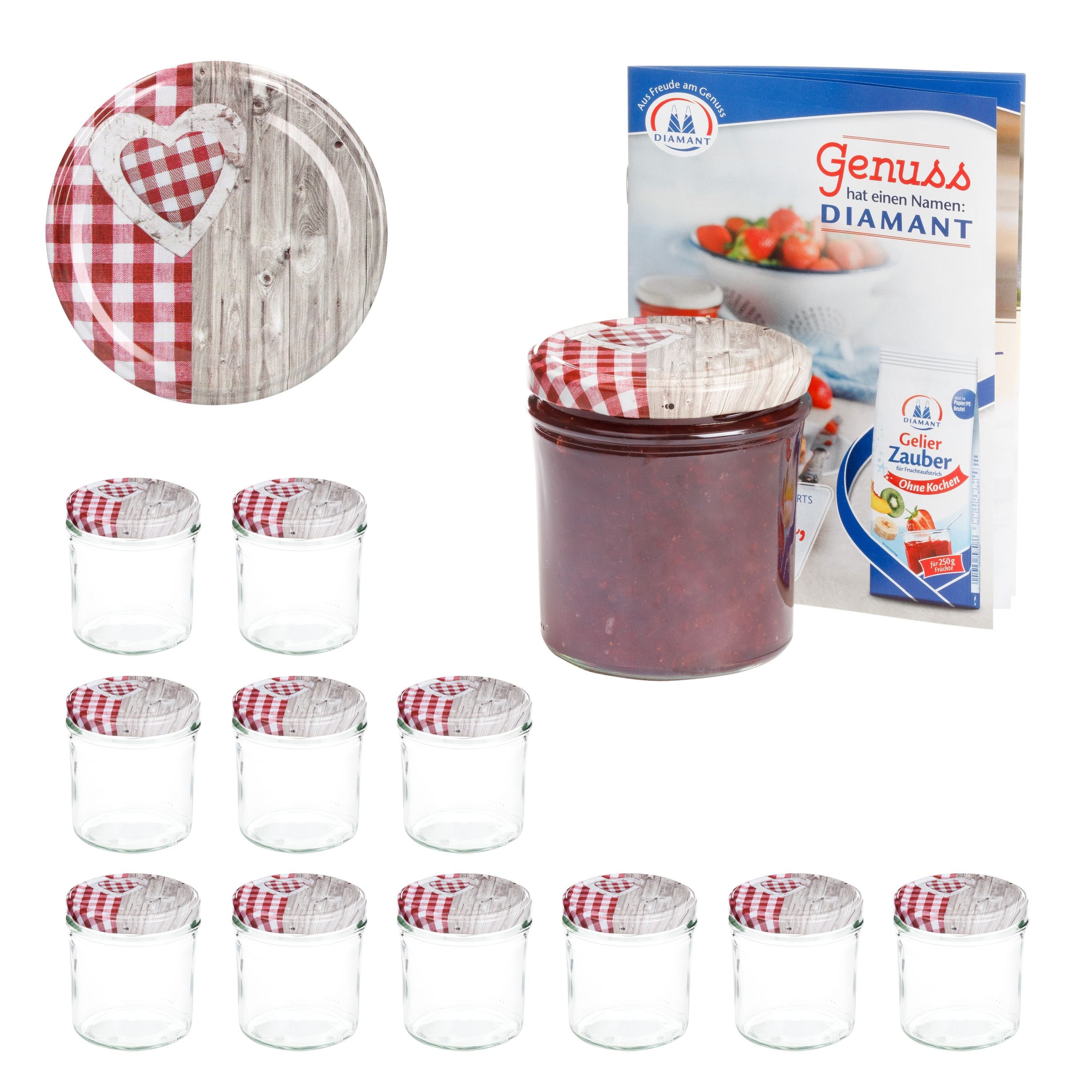 MamboCat Einmachglas 12er Set Sturzglas 350 ml To 82 Deckel Holz-Herz rot incl. Rezeptheft, Glas