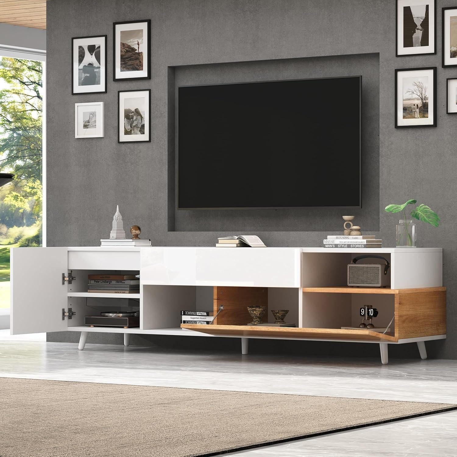 LuxusKollektion TV-Board Lowboard TV Hochglanz Tür Schublade Weiß und Naturfarbe(180x38x50cm)