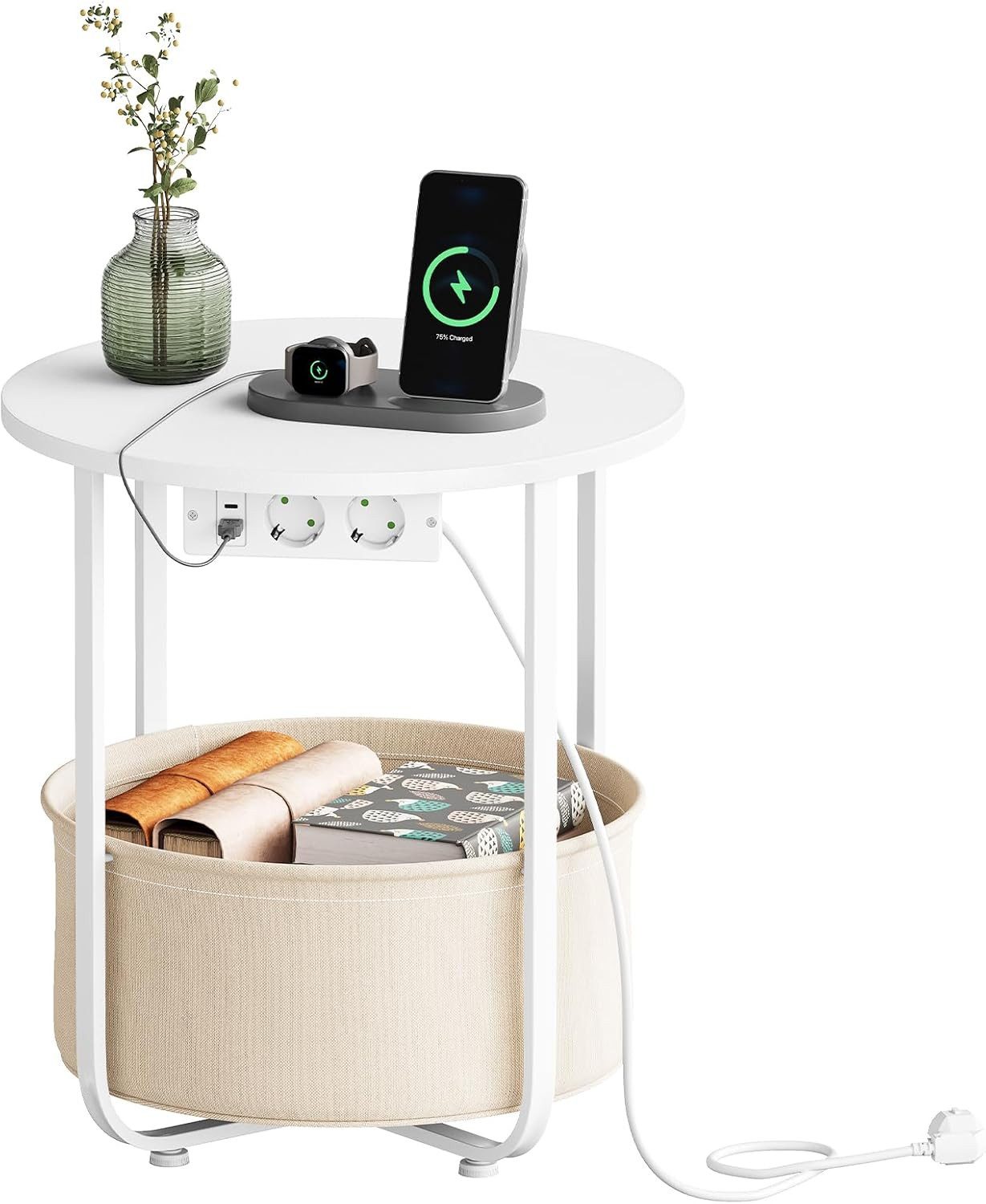 Woltu Couchtisch, Kleiner Beistelltisch mit Steckdose Abnehmbarer Korb