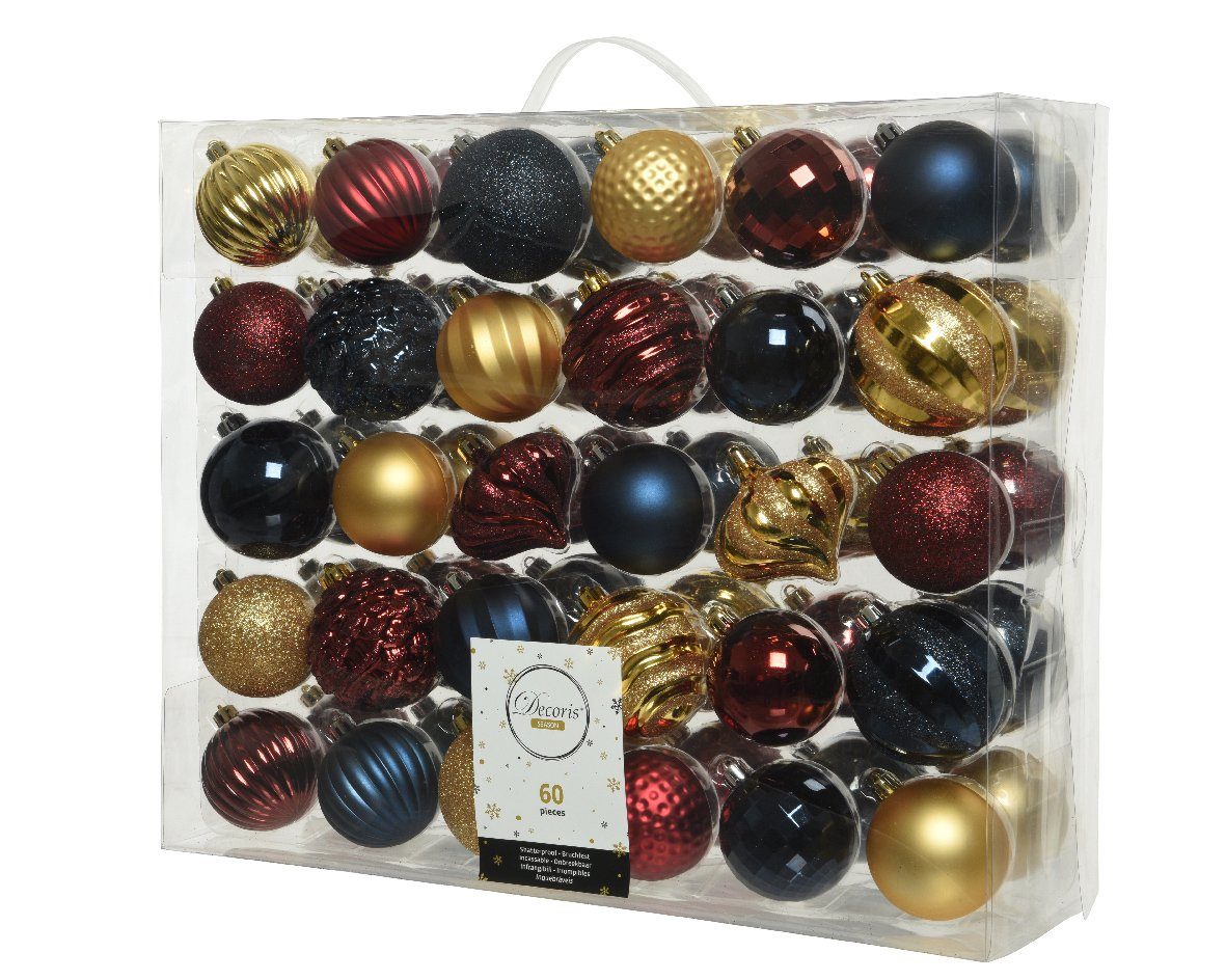 Decoris season decorations Weihnachtsbaumkugel, Weihnachtskugeln Kunststoff 6-7cm Ornamente 60er Set - Rot Gold Blau