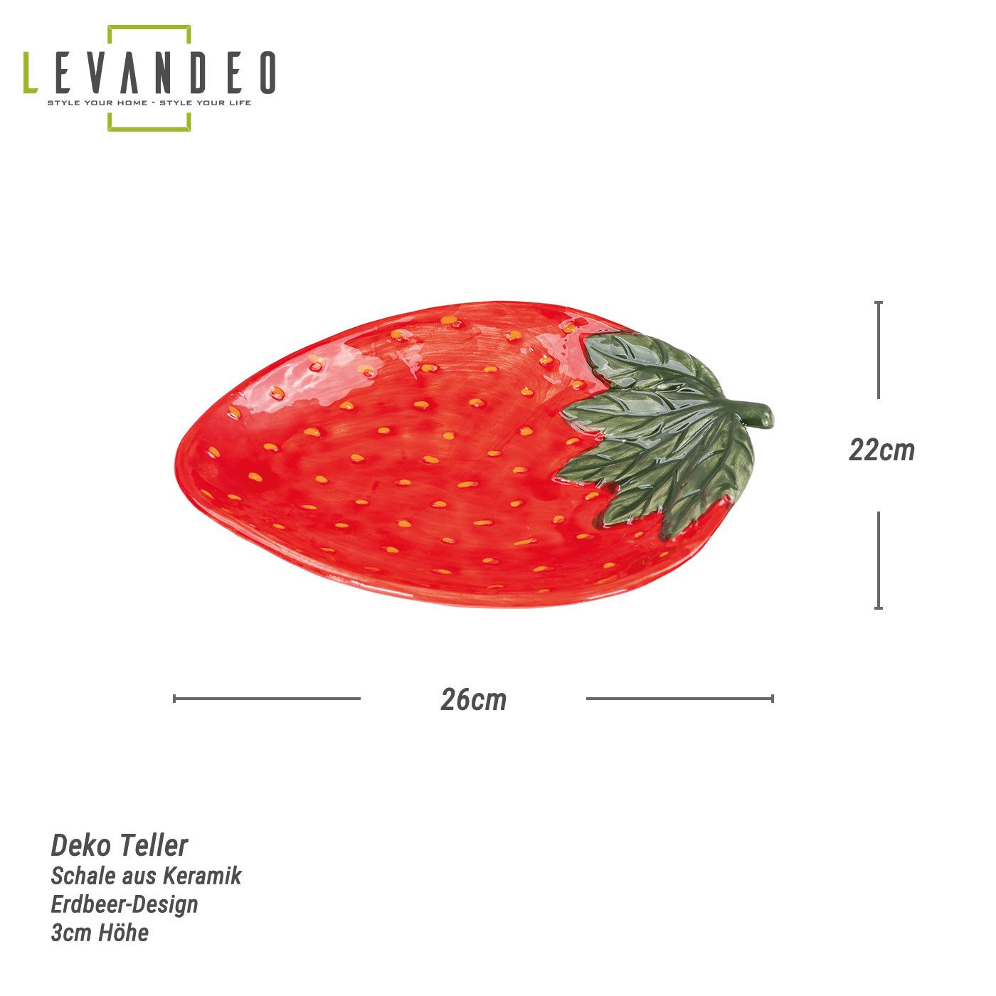 Levandeo® Dekoteller, Teller Erdbeere Keramik 26cm Erdbeerschale Sommer Obs günstig online kaufen