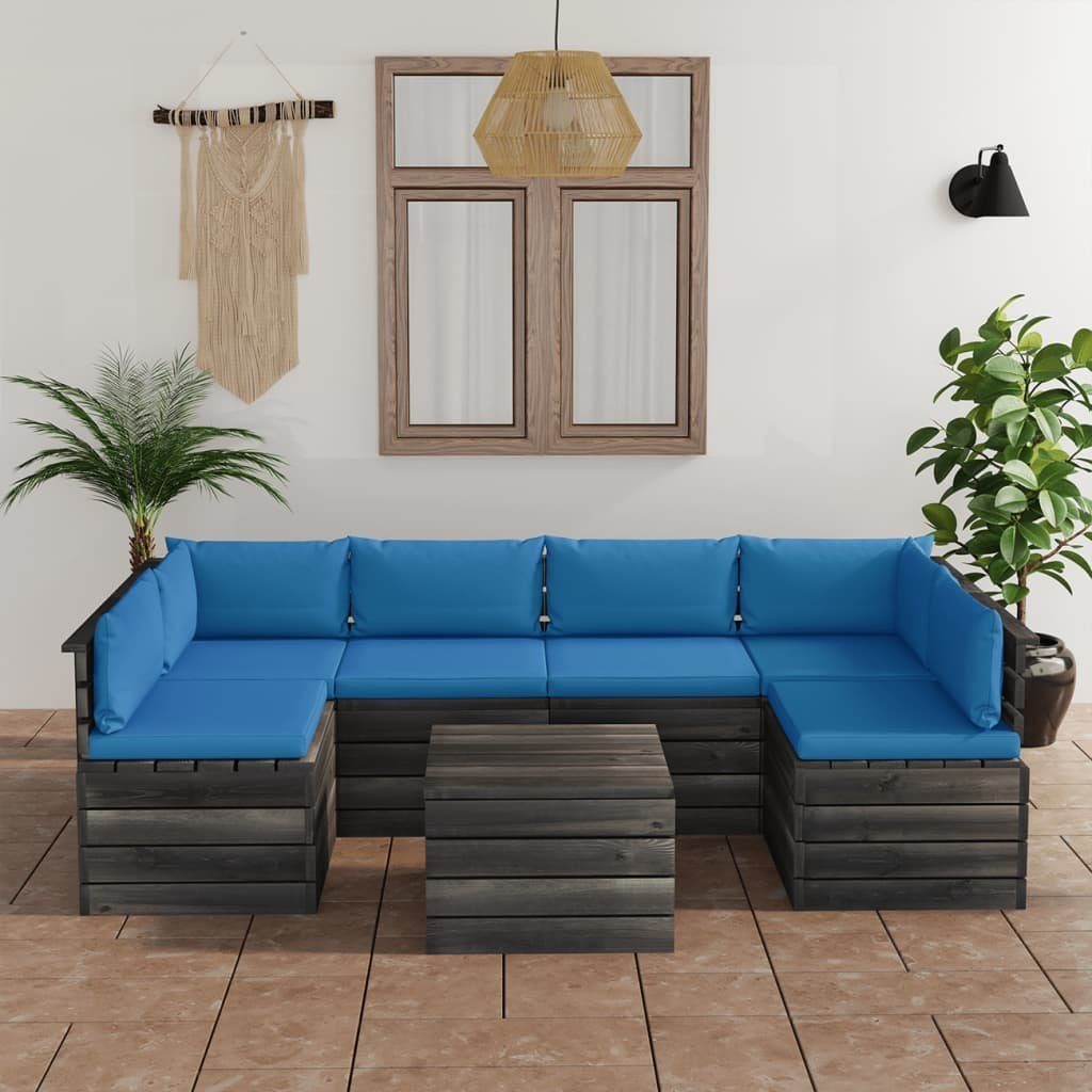 vidaXL Gartenlounge-Set 7-tlg. Garten-Sofagarnitur aus Kiefernholz, Paletten (7-tlg) Hellblau mit Kissen