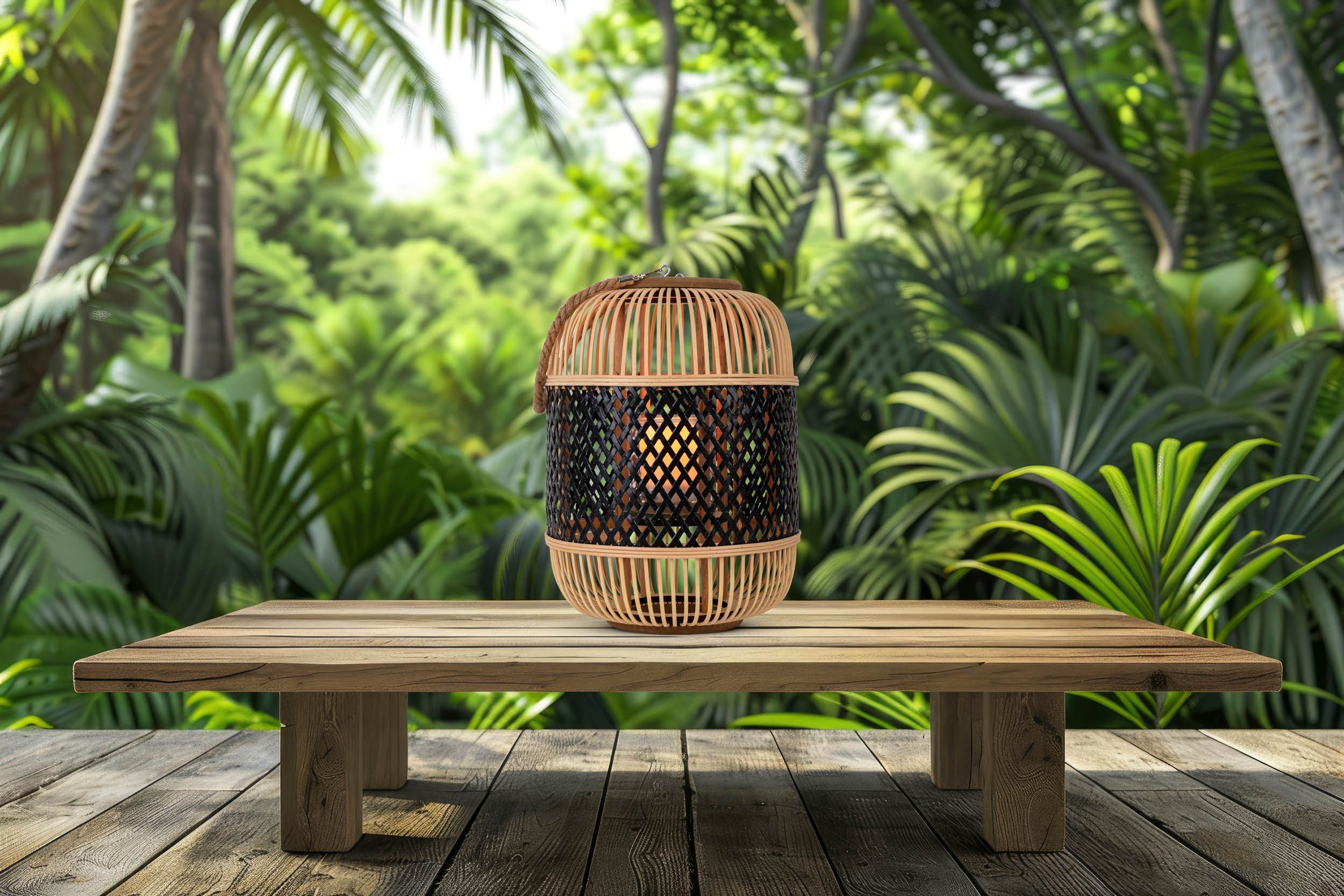 näve LED Dekolicht Korbinian, Tageslichtsensor, LED fest integriert, Warmweiß, Rattankorb natur/schwarz mit Griff inkl. Solarkerze mit Flammeneffekt