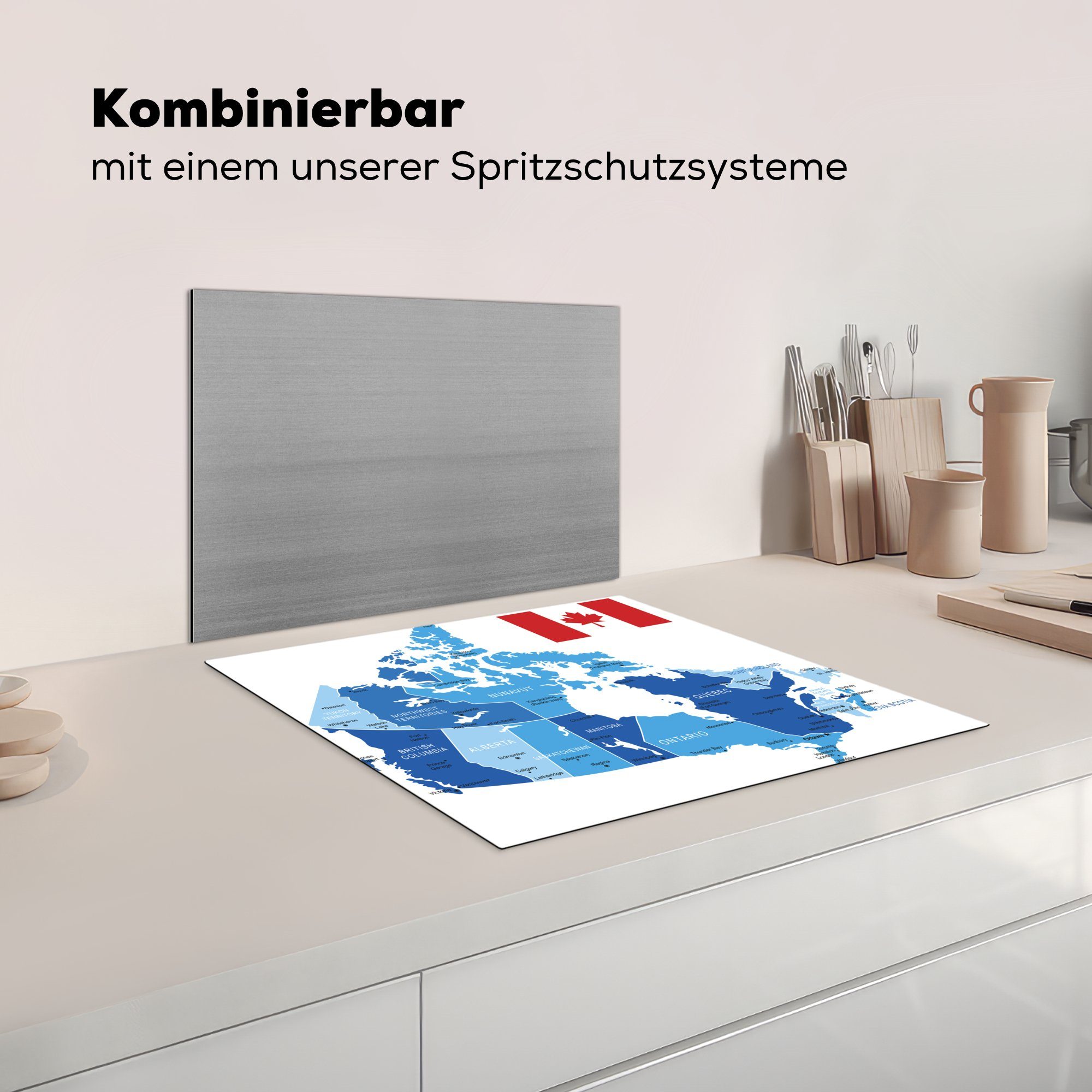 Kanada, blauen tlg), Illustration 60x52 von nutzbar, Arbeitsfläche cm, einer Mobile Karte Vinyl, MuchoWow Herdblende-/Abdeckplatte (1 Ceranfeldabdeckung