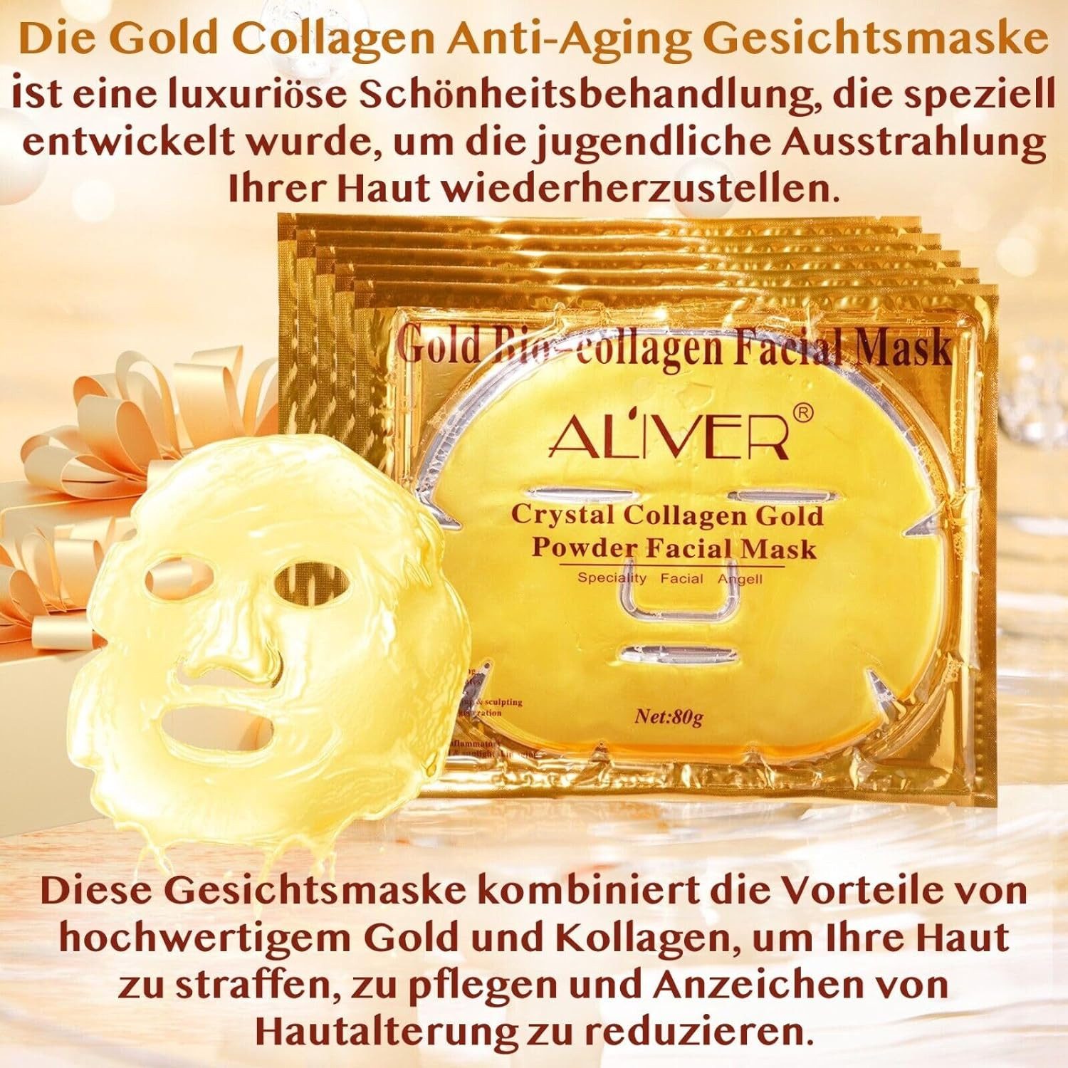 ALIVER Gesichtspflege-Set Crystal Gold Gesichtsmaske Augenpads Essenz Serum Lippen Maske 24K, 1-tlg., Geshichtspflegeset