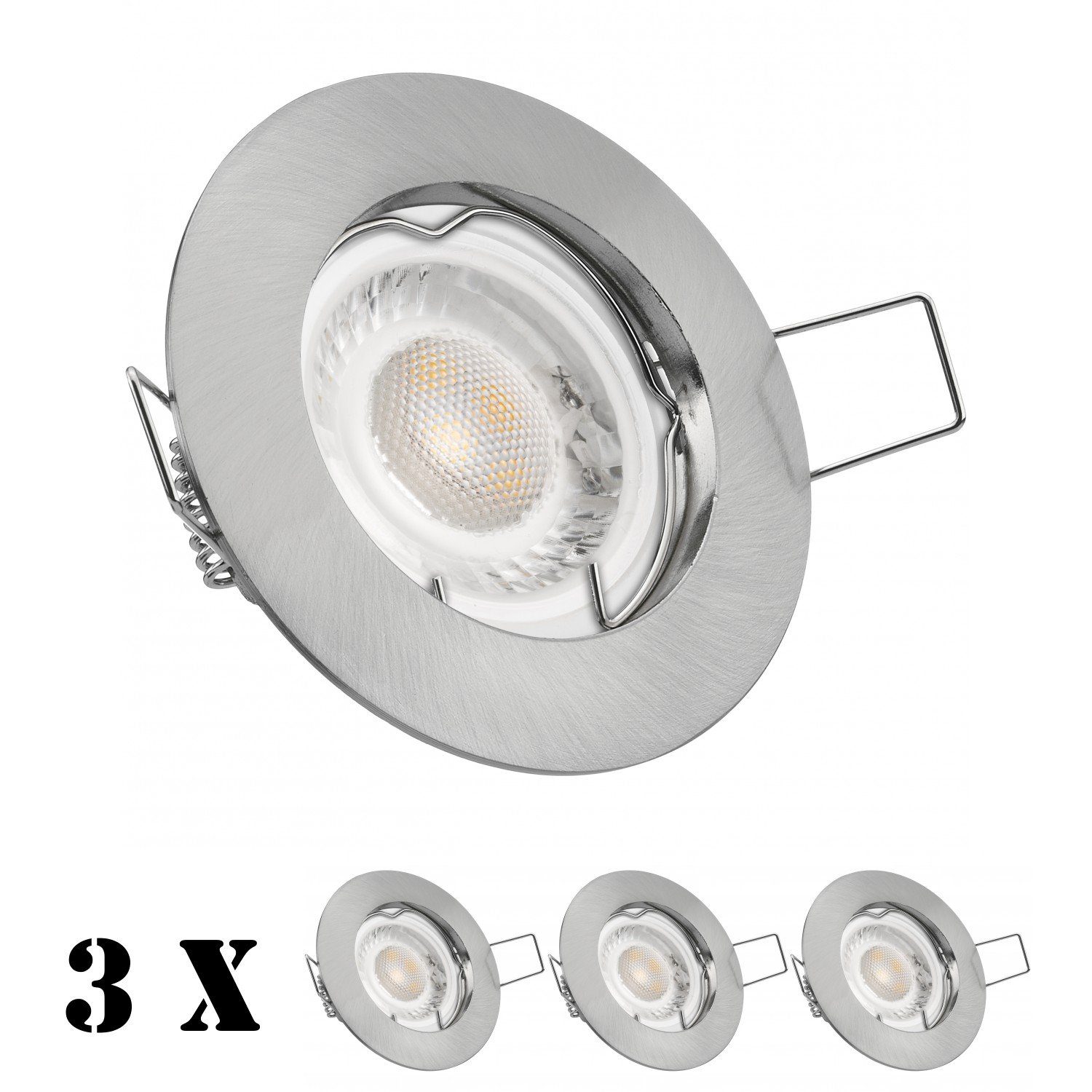 edelstahl Einbaustrahler LED in flach silber / gebürstet extra 3er LED Einbaustrahler Set LEDANDO