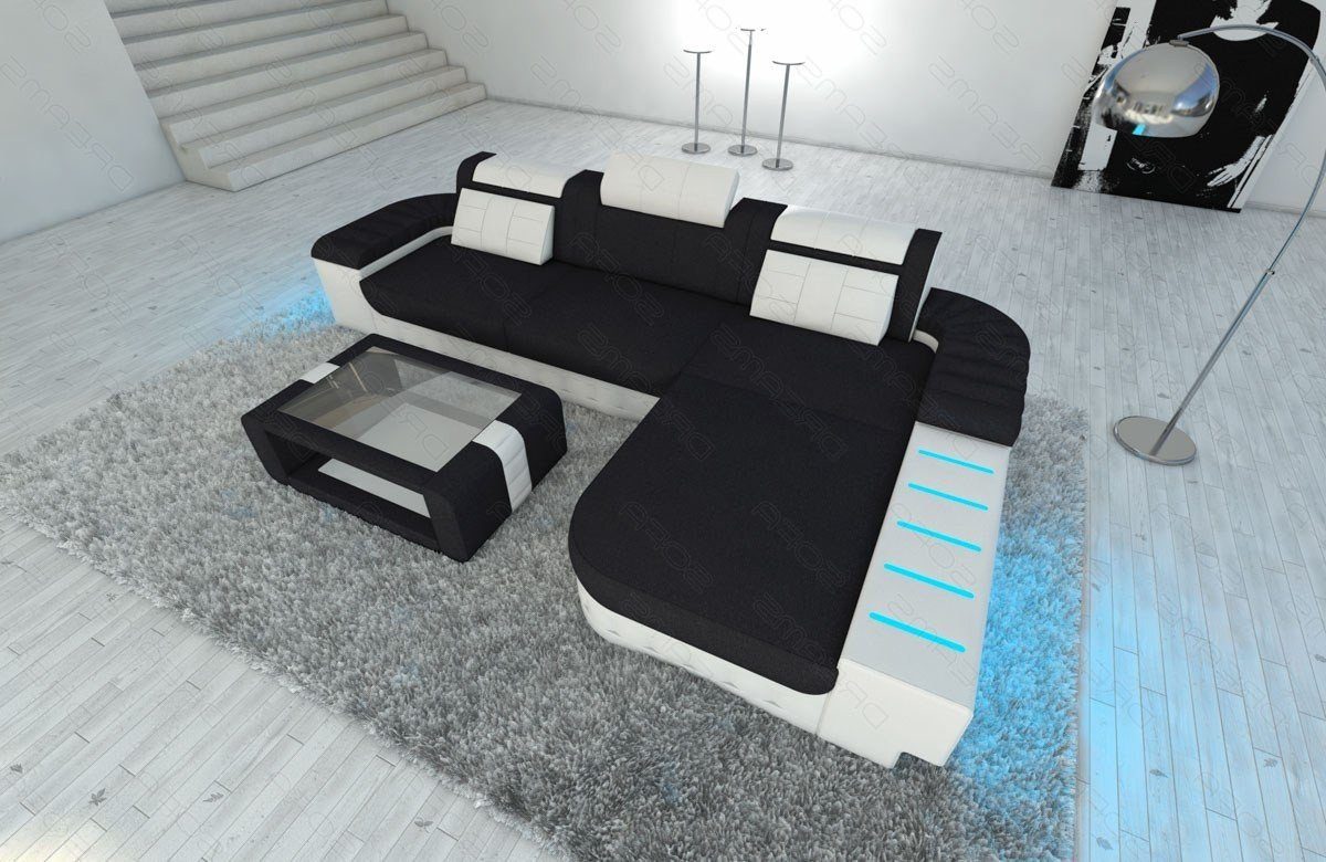 Sofa Dreams Ecksofa Polster Sofa Stoff Bellagio L Form Stoffsofa Couch, mit LED, wahlweise mit Bettfunktion als Schlafsofa, Designersofa C33 Schwarz-Weiss | Ecksofas