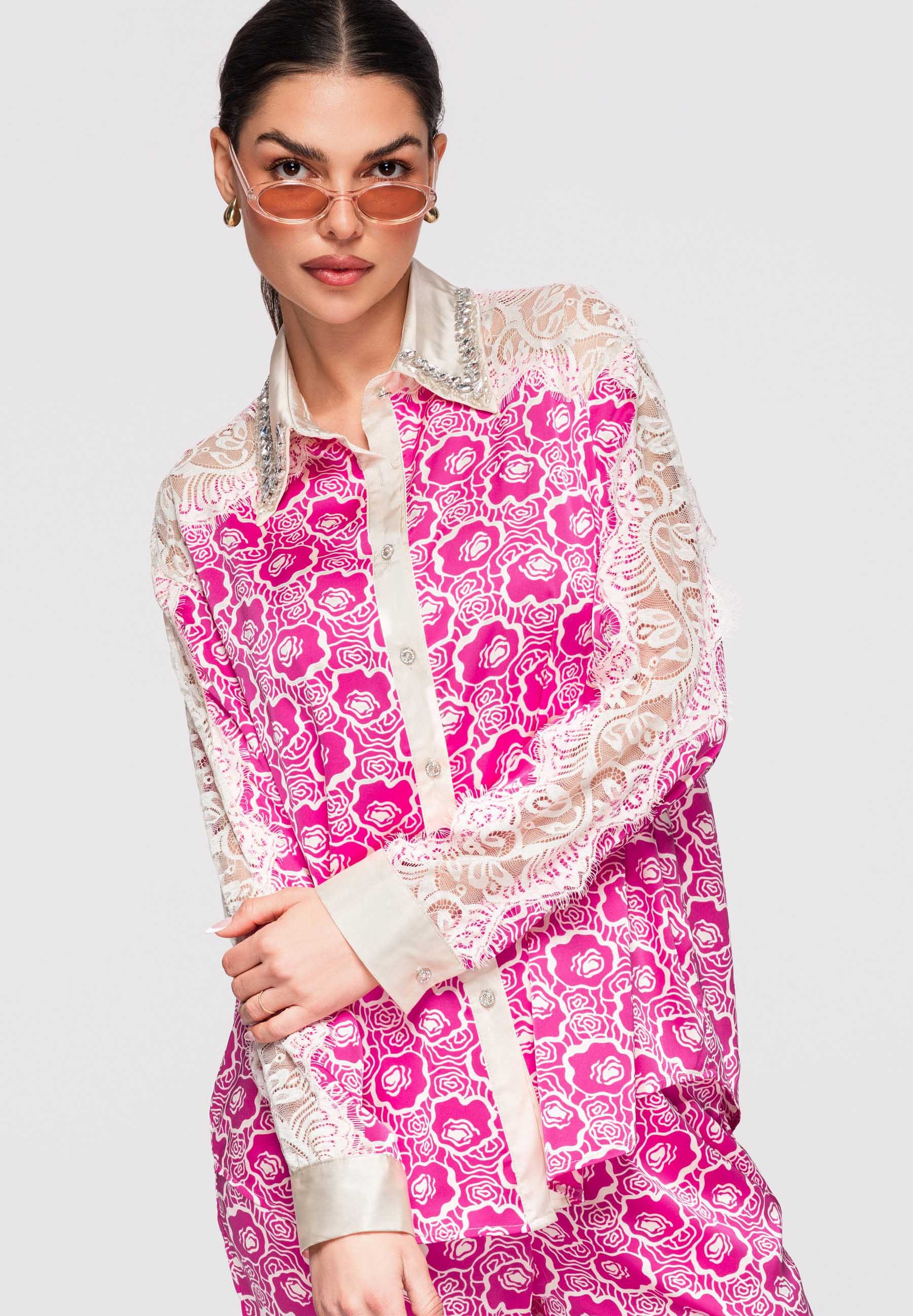 Hemdbluse Damen Bluse mit Spitze & floralem Muster Fuchsia S/M