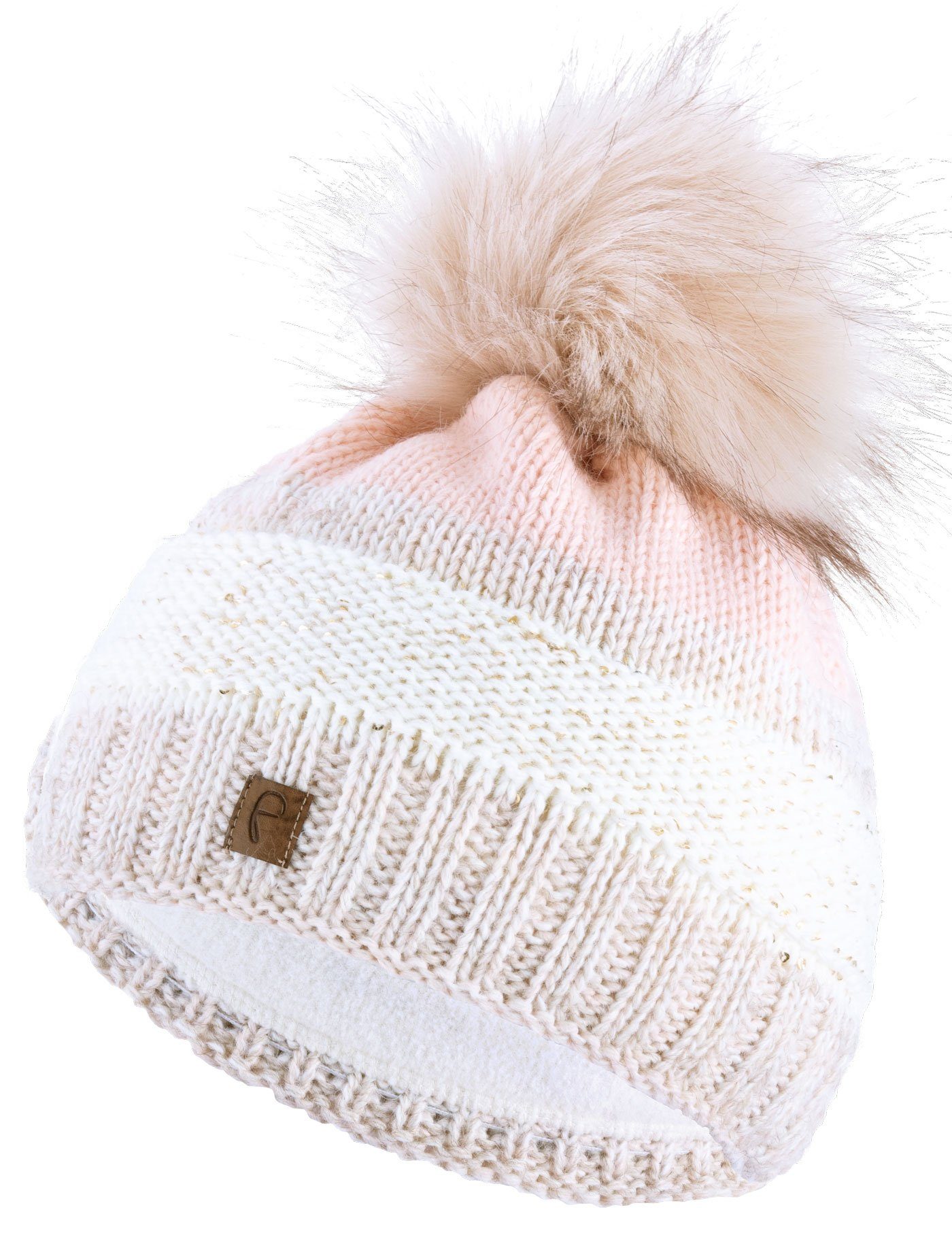 Faera Bommelmütze (1-St) Bommelmütze Wintermütze gefüttert Grobstrick Fleecefutter Beanie beige